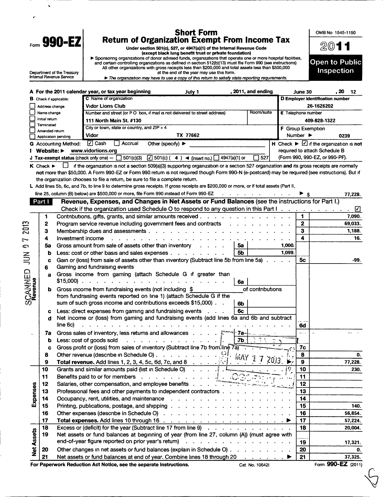 Image of first page of 2011 Form 990EO for Lions Clubs - 100552 Vidor