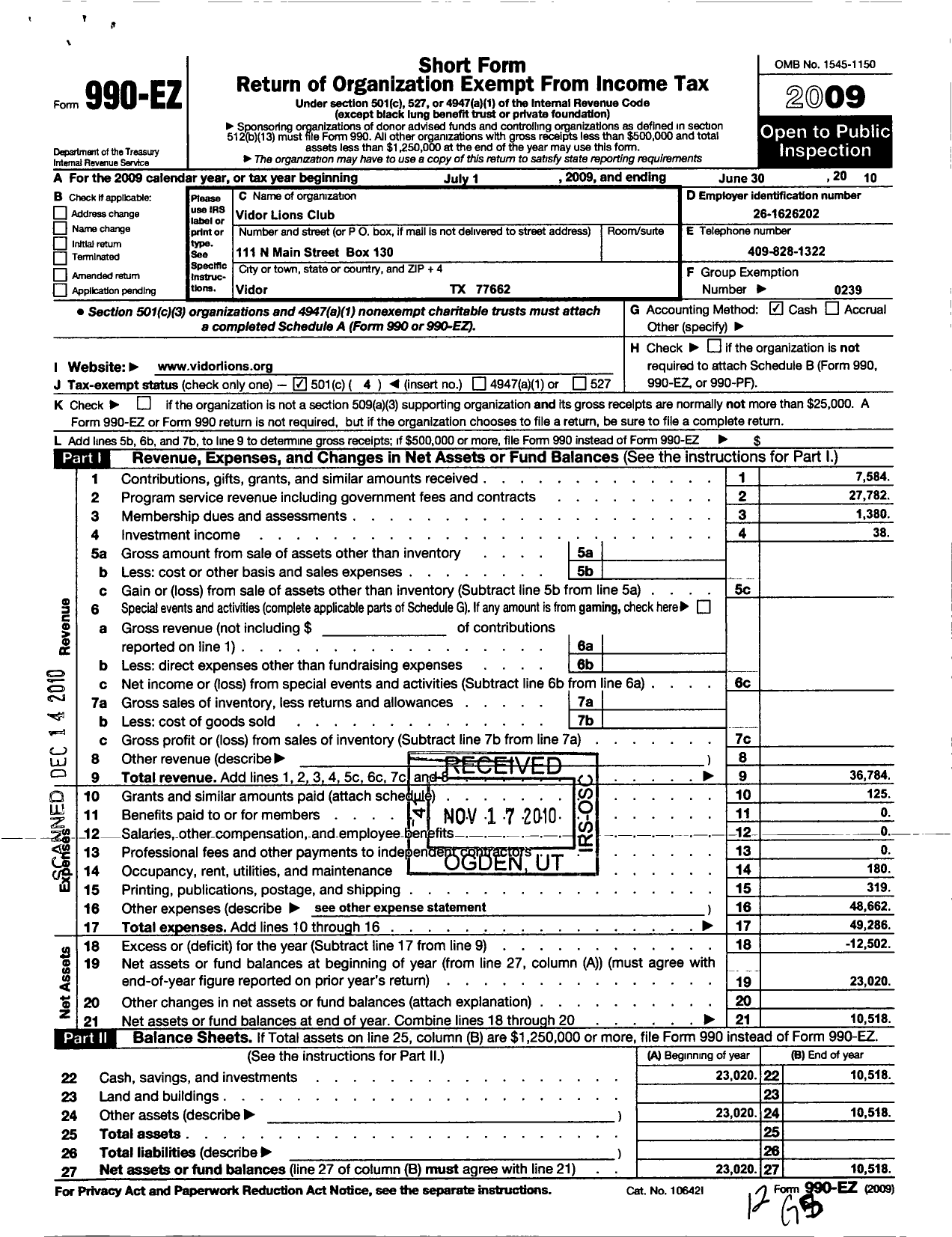 Image of first page of 2009 Form 990EO for Lions Clubs - 100552 Vidor