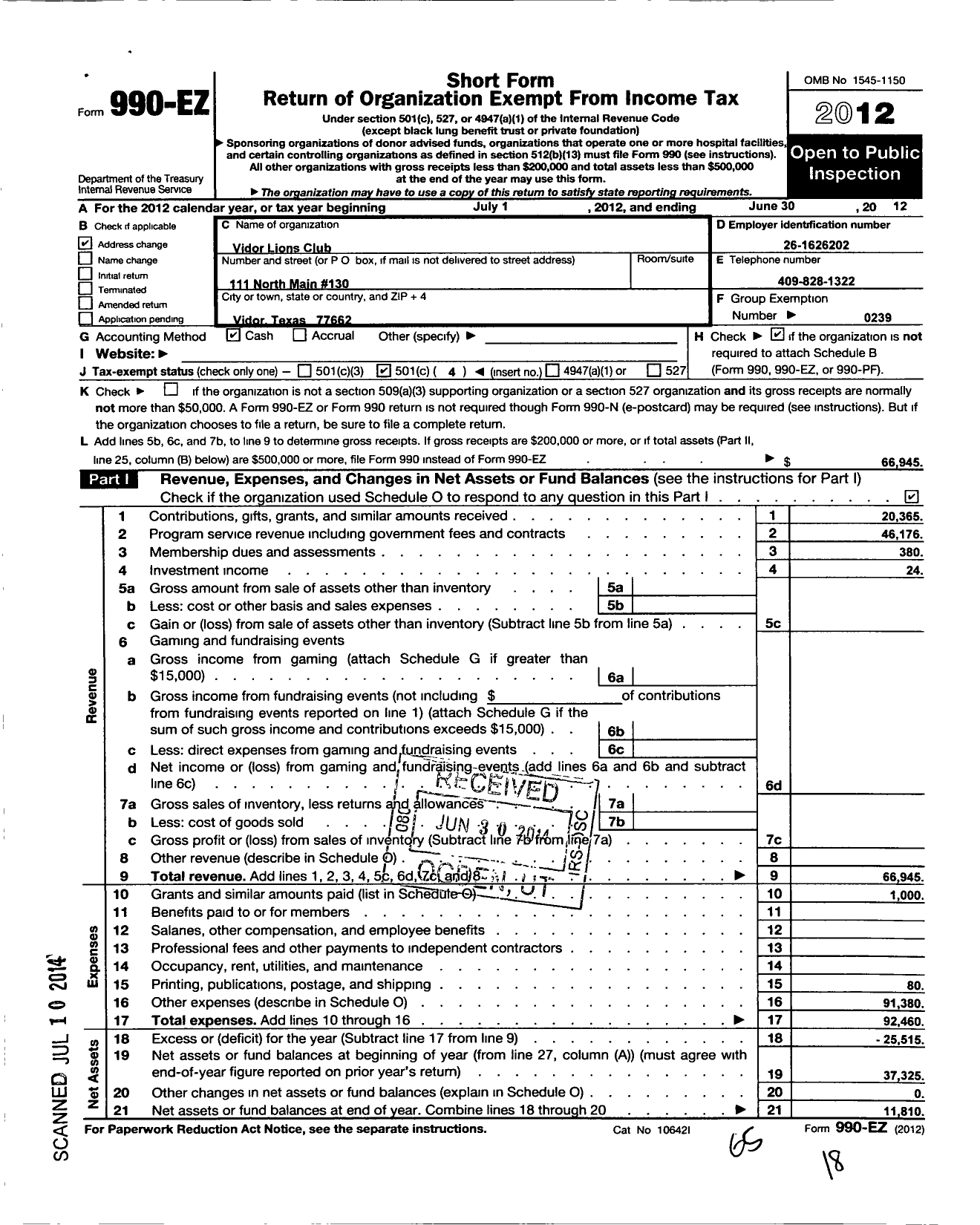 Image of first page of 2011 Form 990EO for Lions Clubs - 100552 Vidor