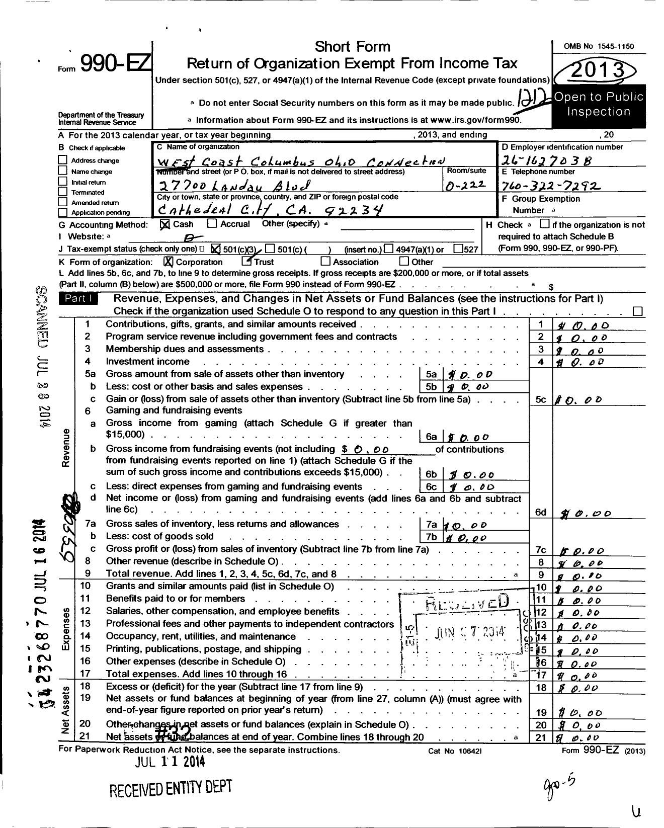 Image of first page of 2012 Form 990EZ for West Coast Columbus Ohio Connection