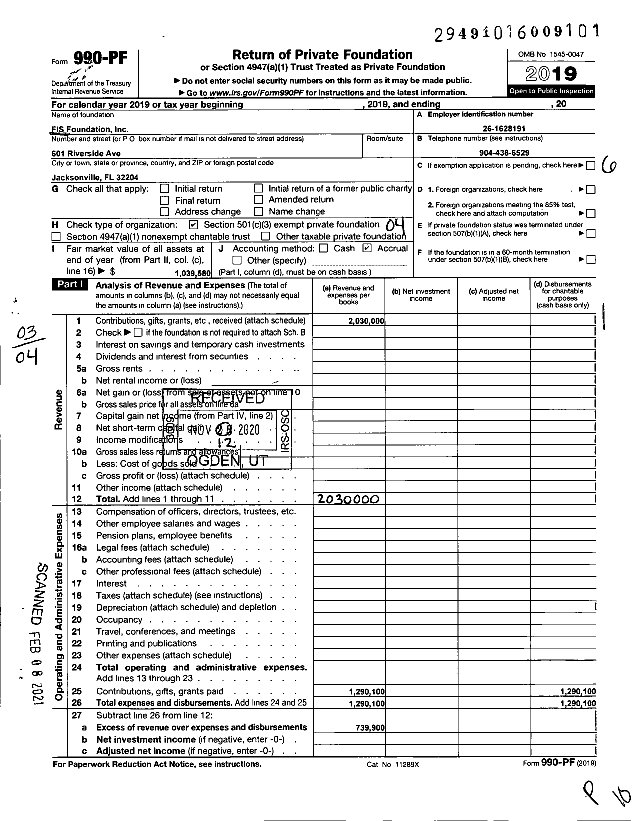 Image of first page of 2019 Form 990PF for Fis Foundation