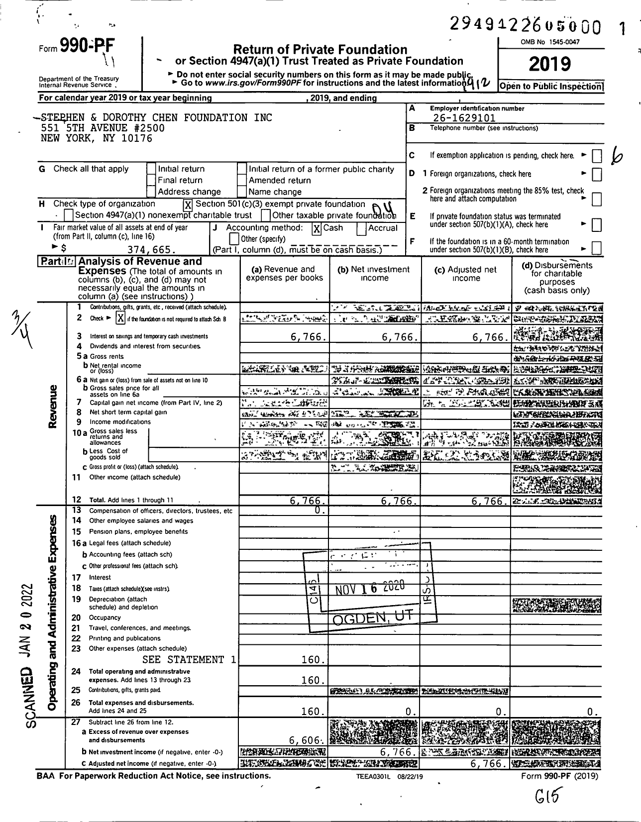 Image of first page of 2019 Form 990PF for Stephen and Dorothy Chen Foundation