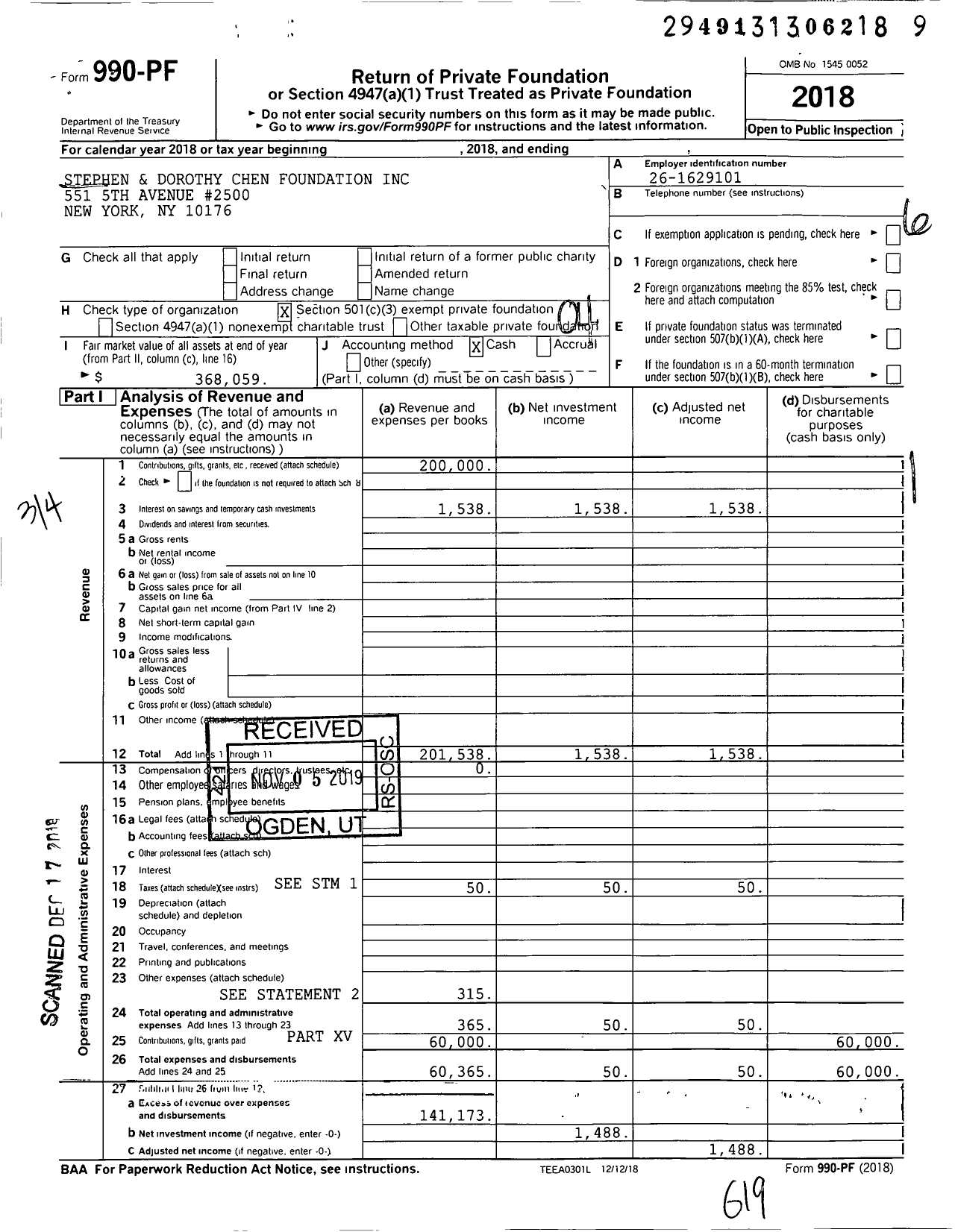 Image of first page of 2018 Form 990PF for Stephen and Dorothy Chen Foundation