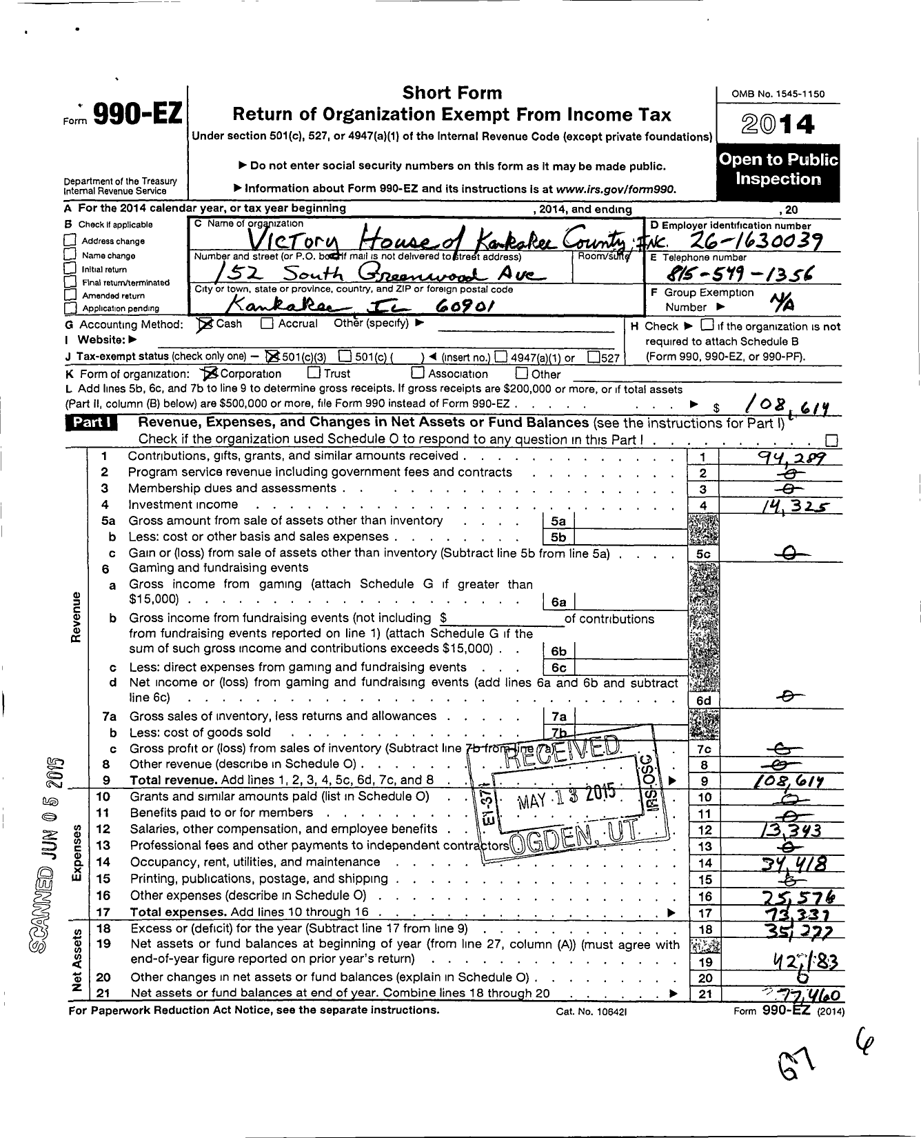 Image of first page of 2014 Form 990EZ for Victory House of Kankakee County