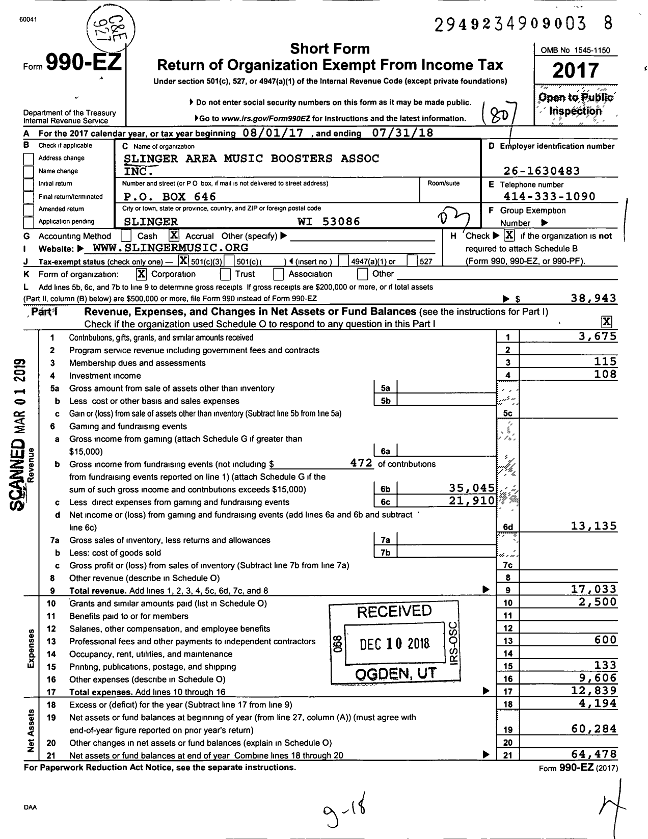 Image of first page of 2017 Form 990EZ for Slinger Area Music Boosters Association