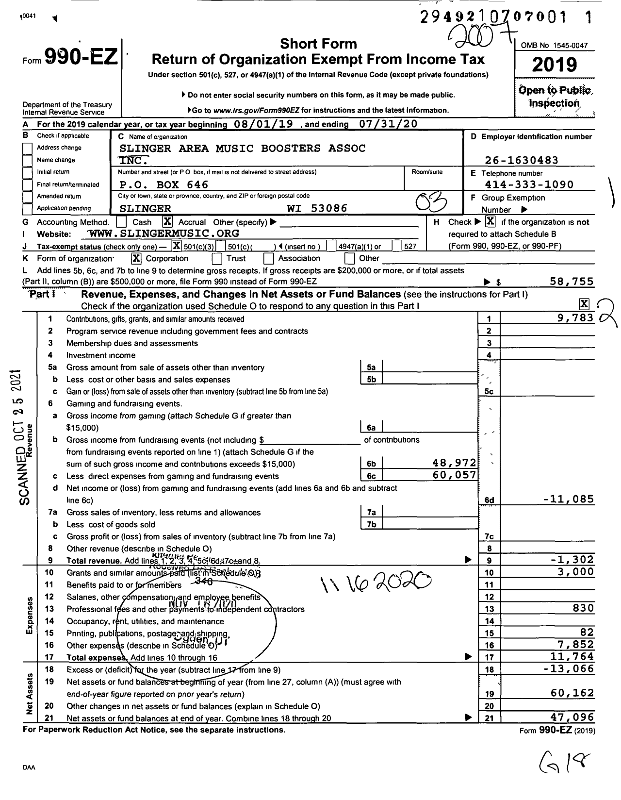 Image of first page of 2019 Form 990EZ for Slinger Area Music Boosters Association