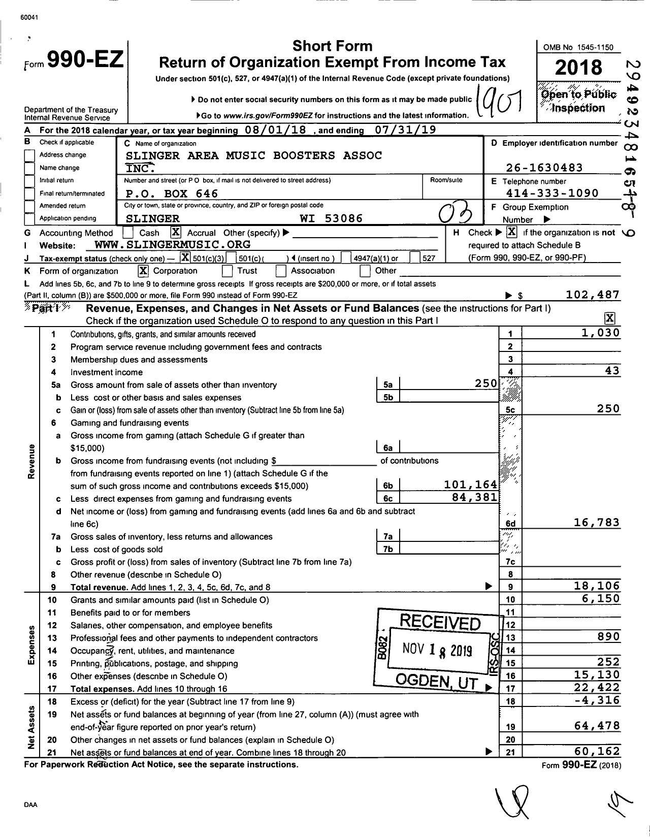 Image of first page of 2018 Form 990EZ for Slinger Area Music Boosters Association