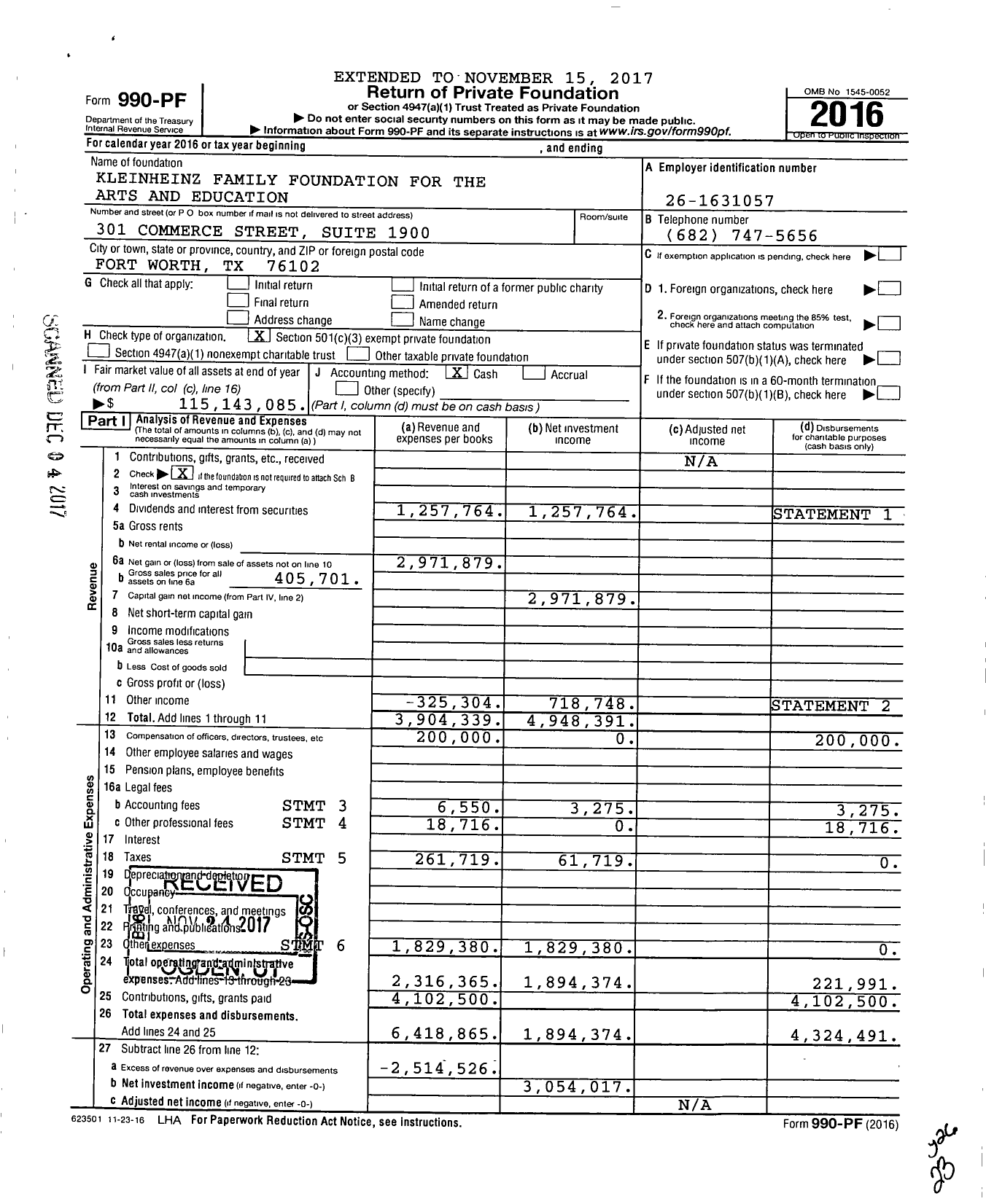 Image of first page of 2016 Form 990PF for Kleinheinz Family Endowment for the Arts and Education