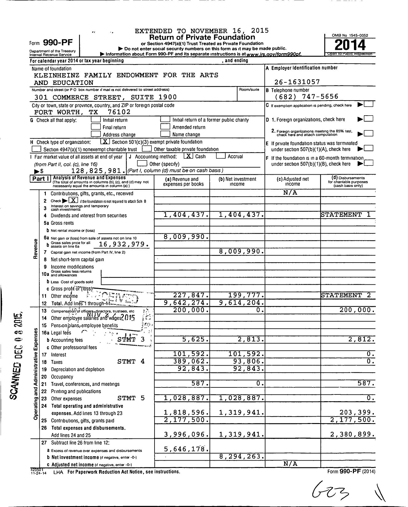 Image of first page of 2014 Form 990PF for Kleinheinz Family Endowment for the Arts and Education
