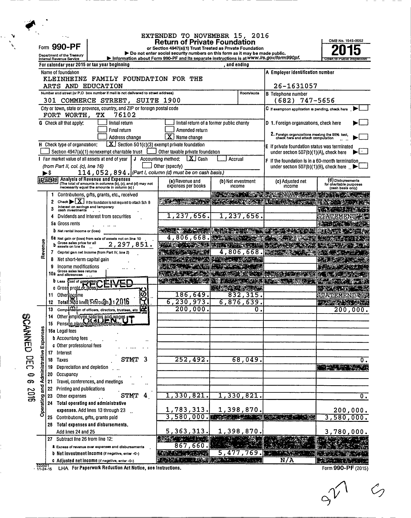 Image of first page of 2015 Form 990PF for Kleinheinz Family Endowment for the Arts and Education