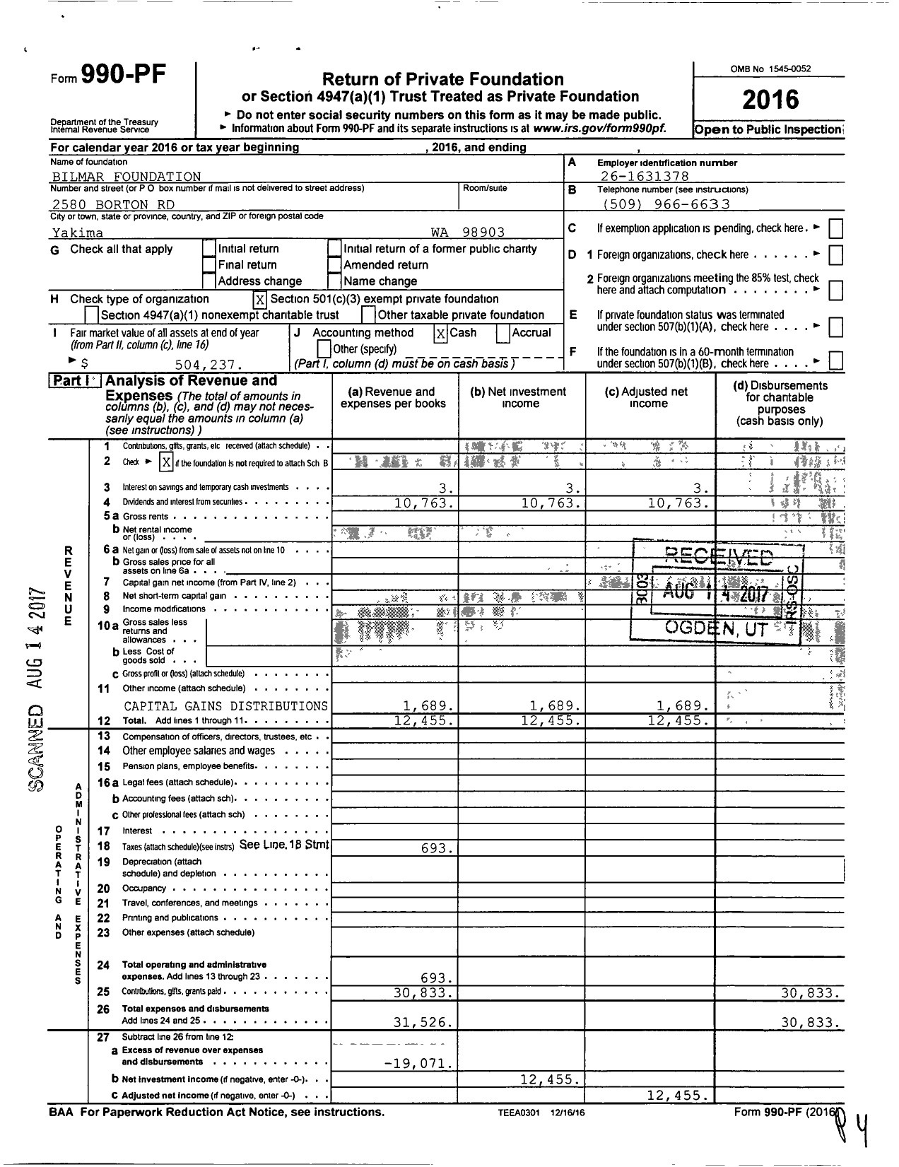 Image of first page of 2016 Form 990PF for Bilmar Foundation