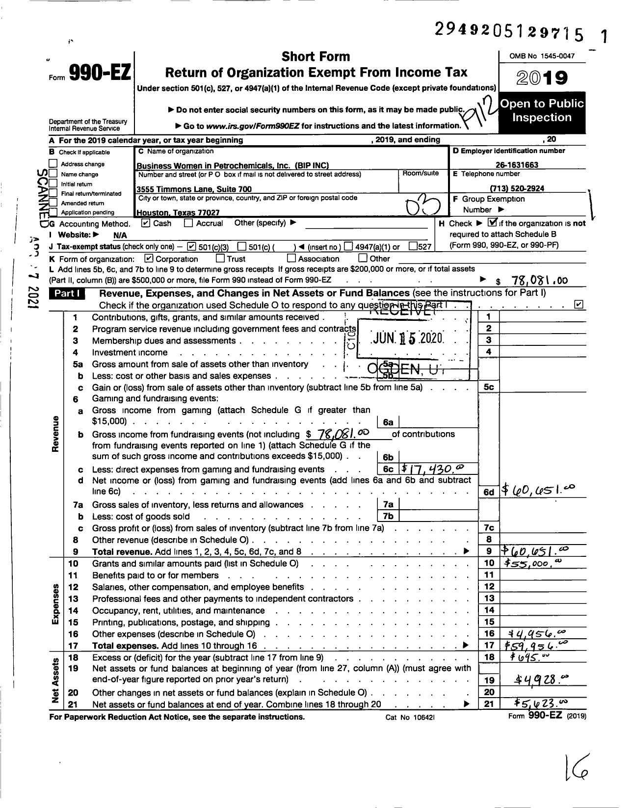 Image of first page of 2019 Form 990EZ for Business Women in Petrochemicals Bip Incorporated