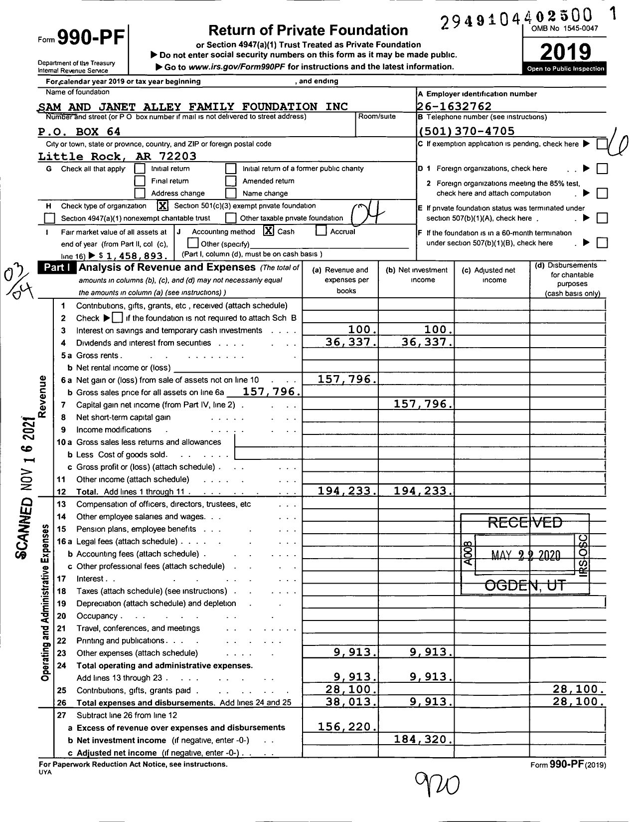 Image of first page of 2019 Form 990PF for Sam and Janet Alley Family Foundation