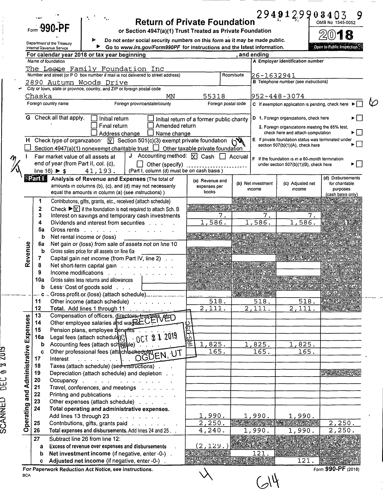 Image of first page of 2018 Form 990PF for The Leone Family Foundation