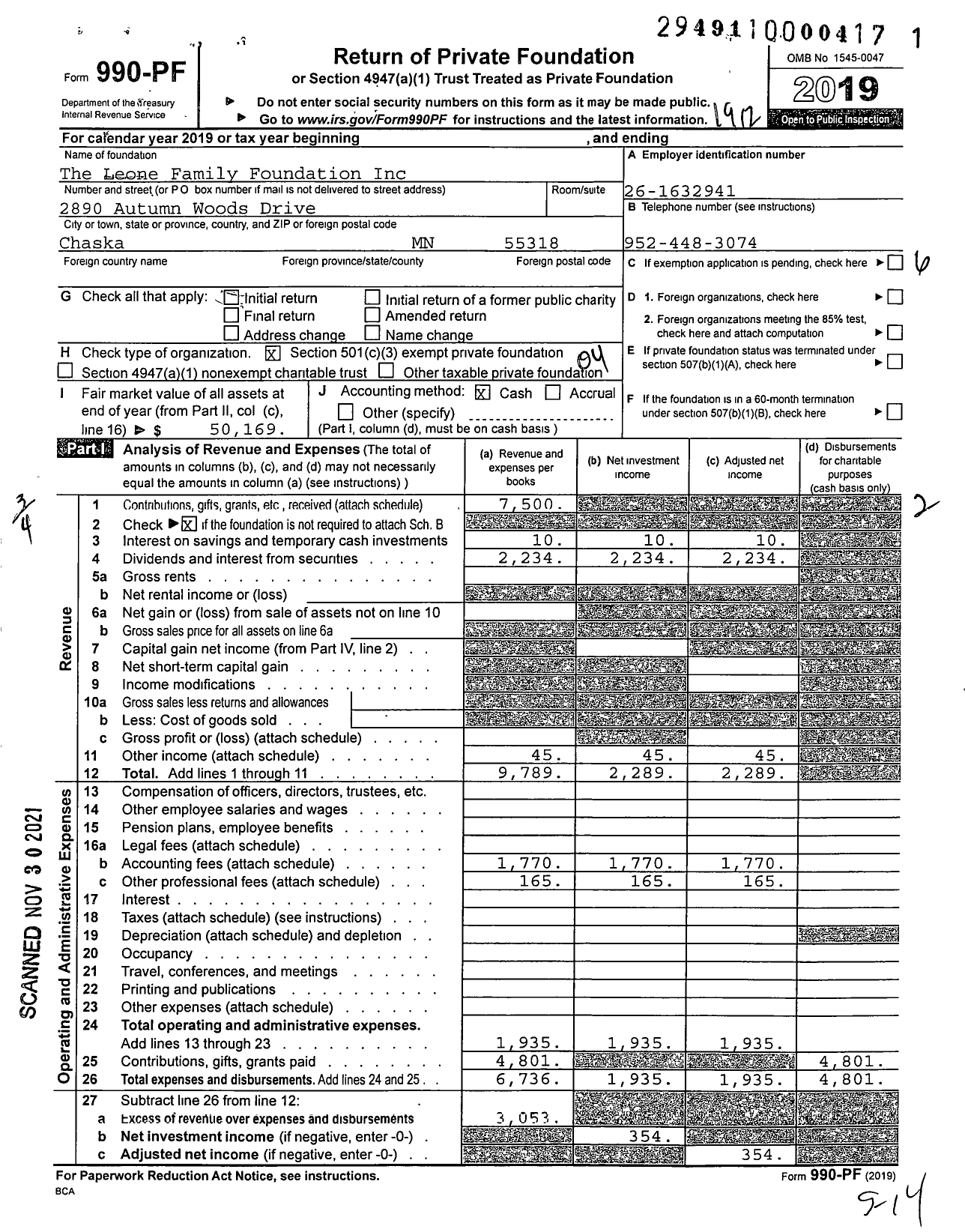 Image of first page of 2019 Form 990PF for The Leone Family Foundation