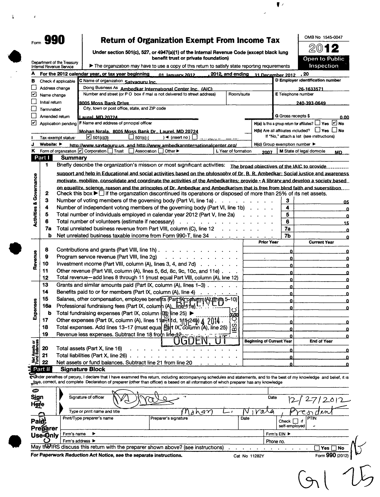 Image of first page of 2012 Form 990 for Ambedkar International Center