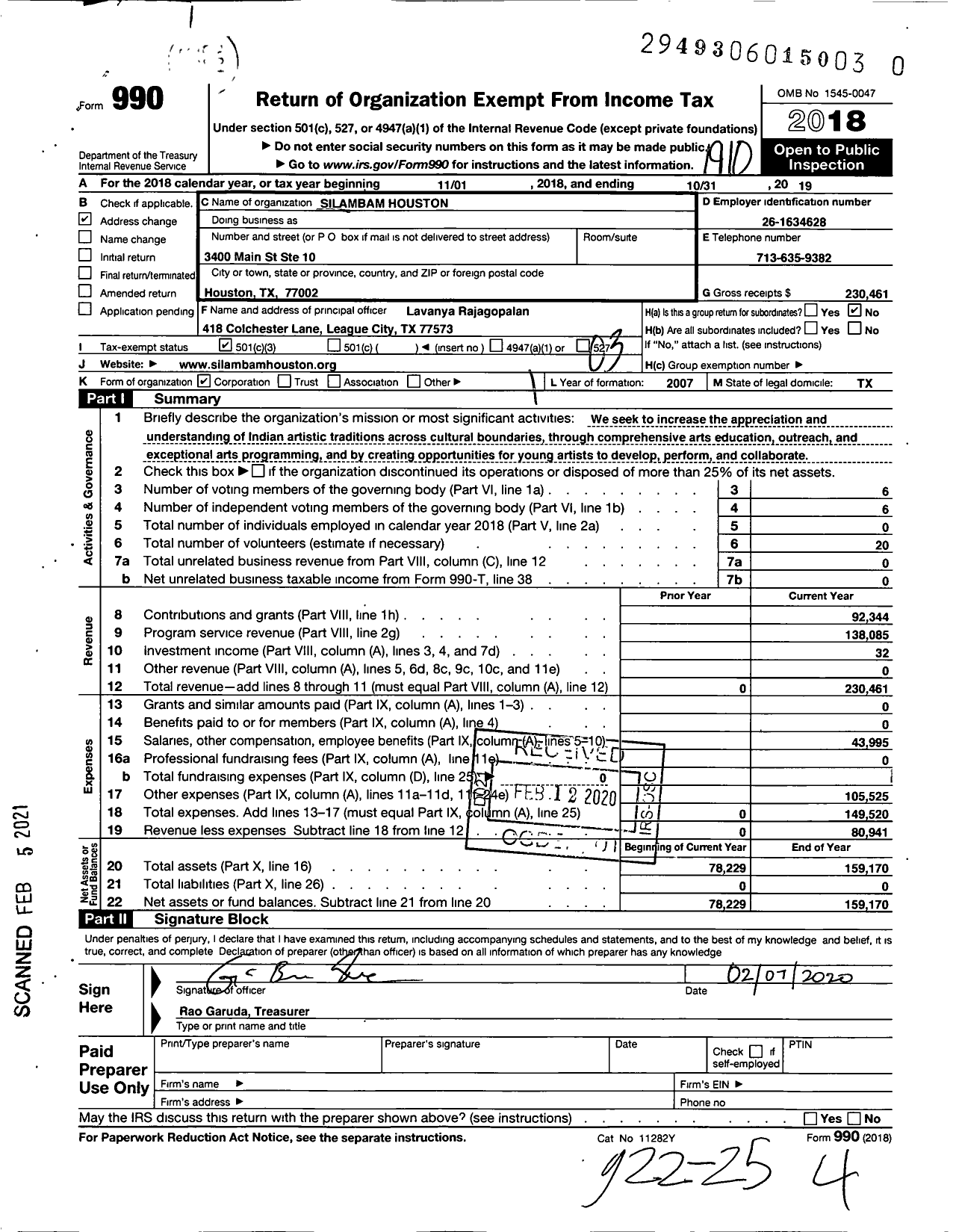 Image of first page of 2018 Form 990 for Silambam Houston