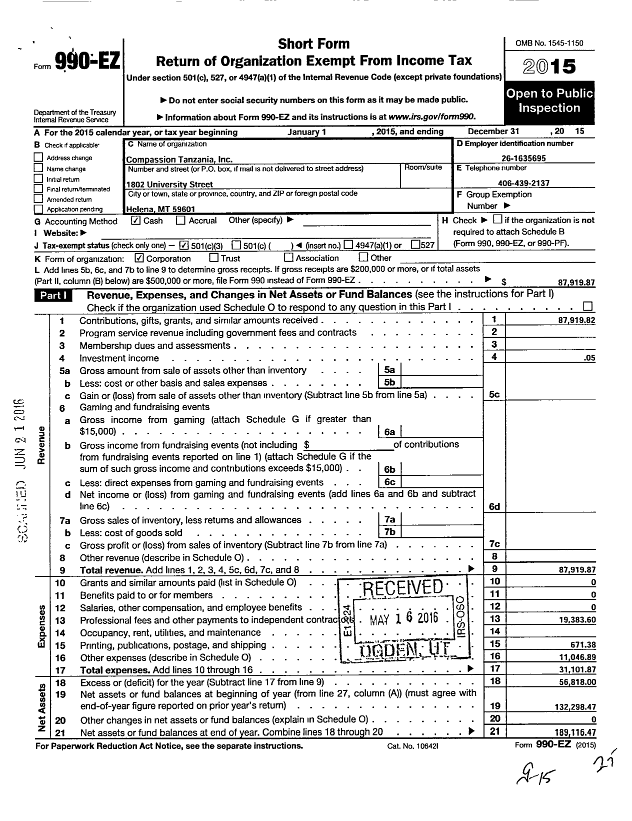 Image of first page of 2015 Form 990EZ for Compassion Tanzania