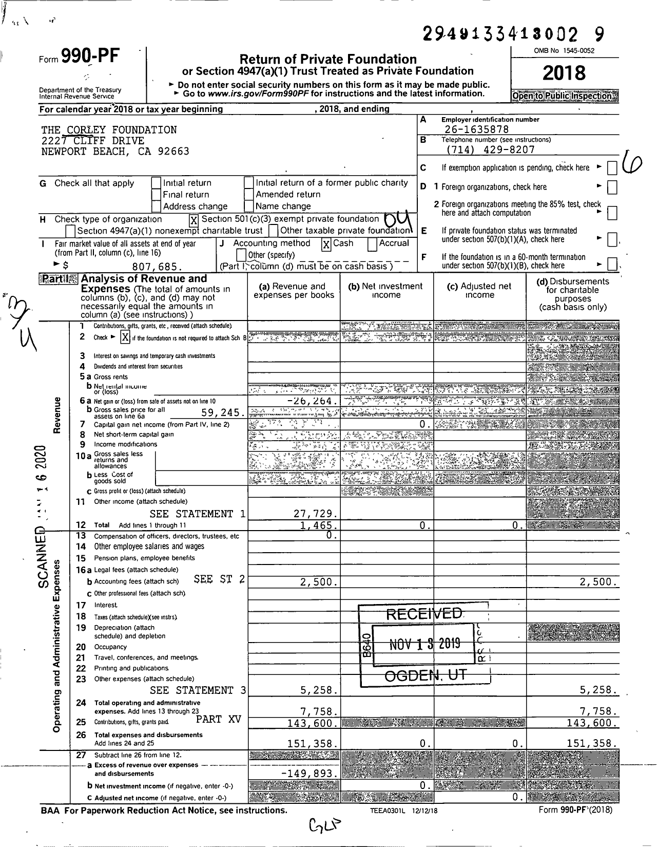 Image of first page of 2018 Form 990PF for The Corley Foundation