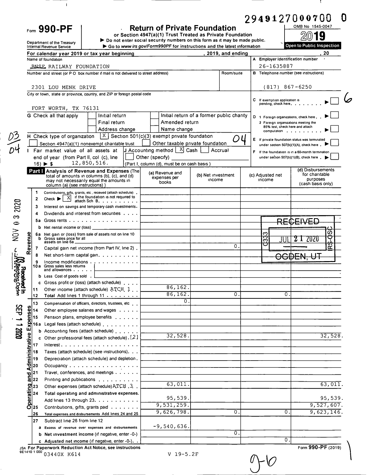 Image of first page of 2019 Form 990PF for BNSF Foundation