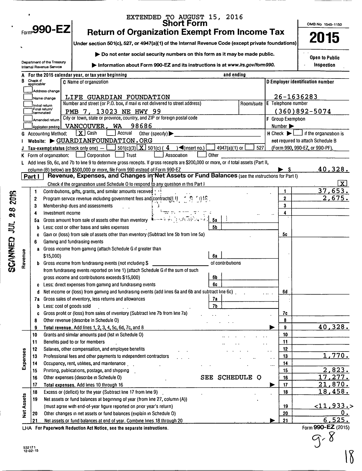 Image of first page of 2015 Form 990EO for Life Guardian Foundation