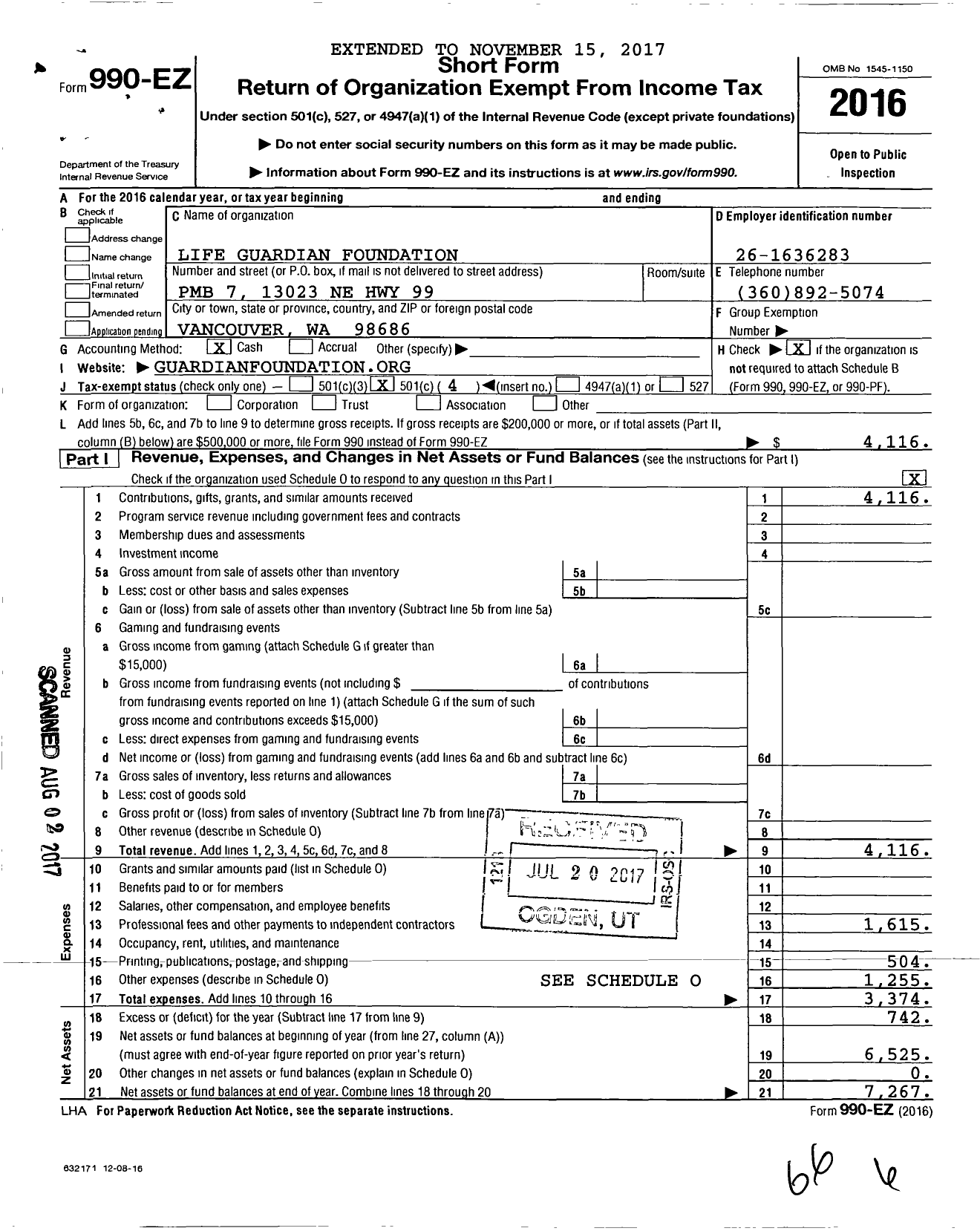 Image of first page of 2016 Form 990EO for Life Guardian Foundation