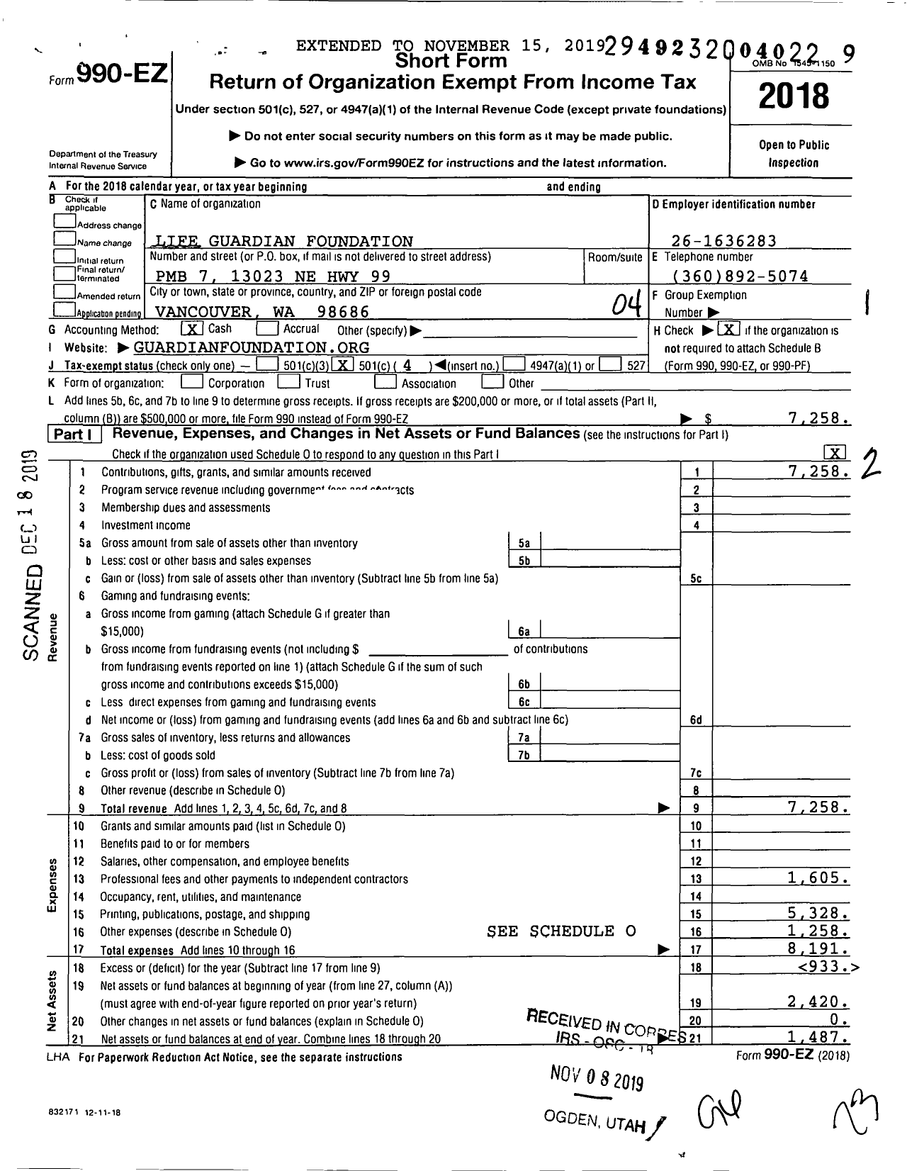 Image of first page of 2018 Form 990EO for Life Guardian Foundation