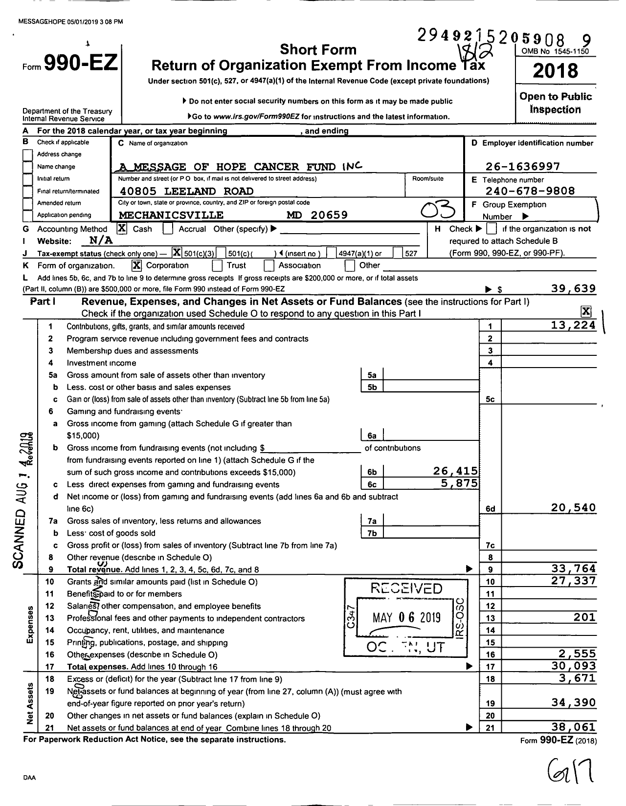 Image of first page of 2018 Form 990EZ for A Message of Hope Cancer Fund