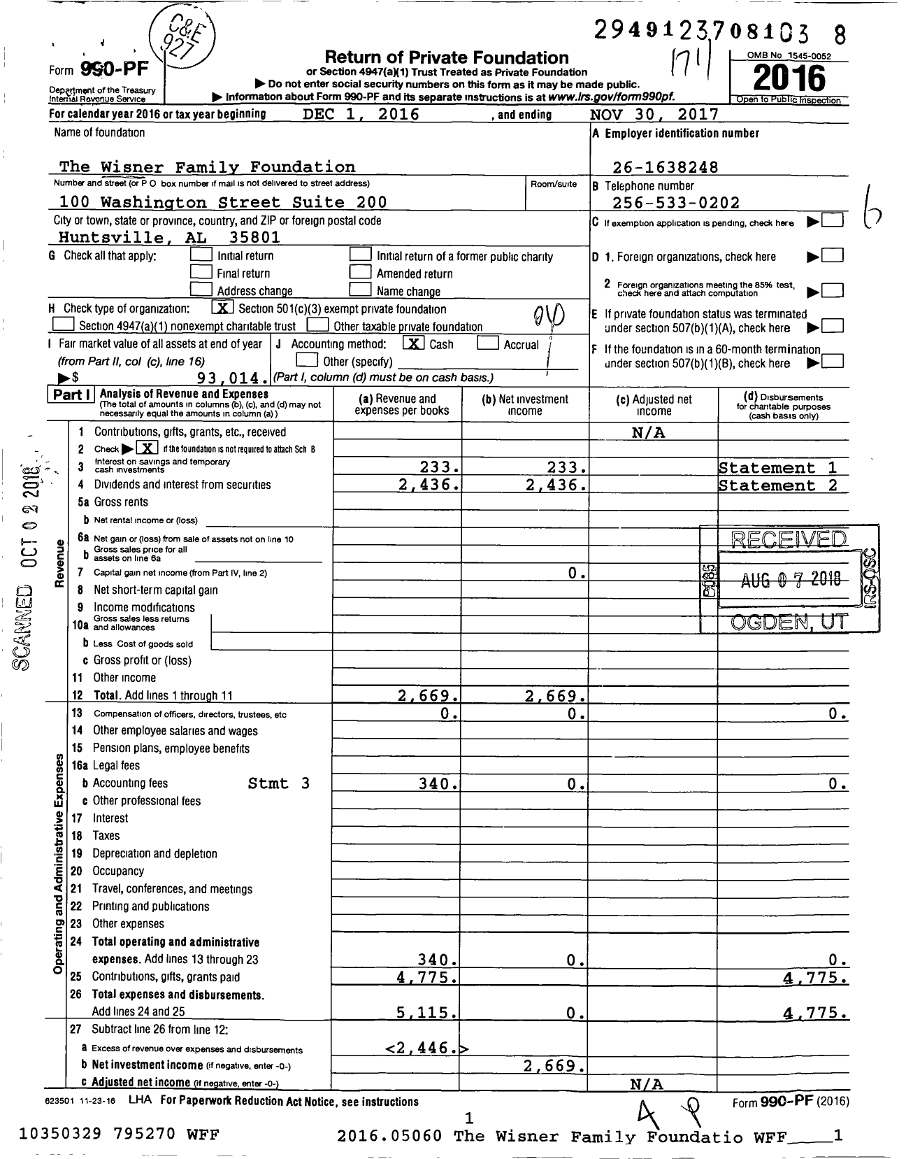 Image of first page of 2016 Form 990PF for The Wisner Family Foundation