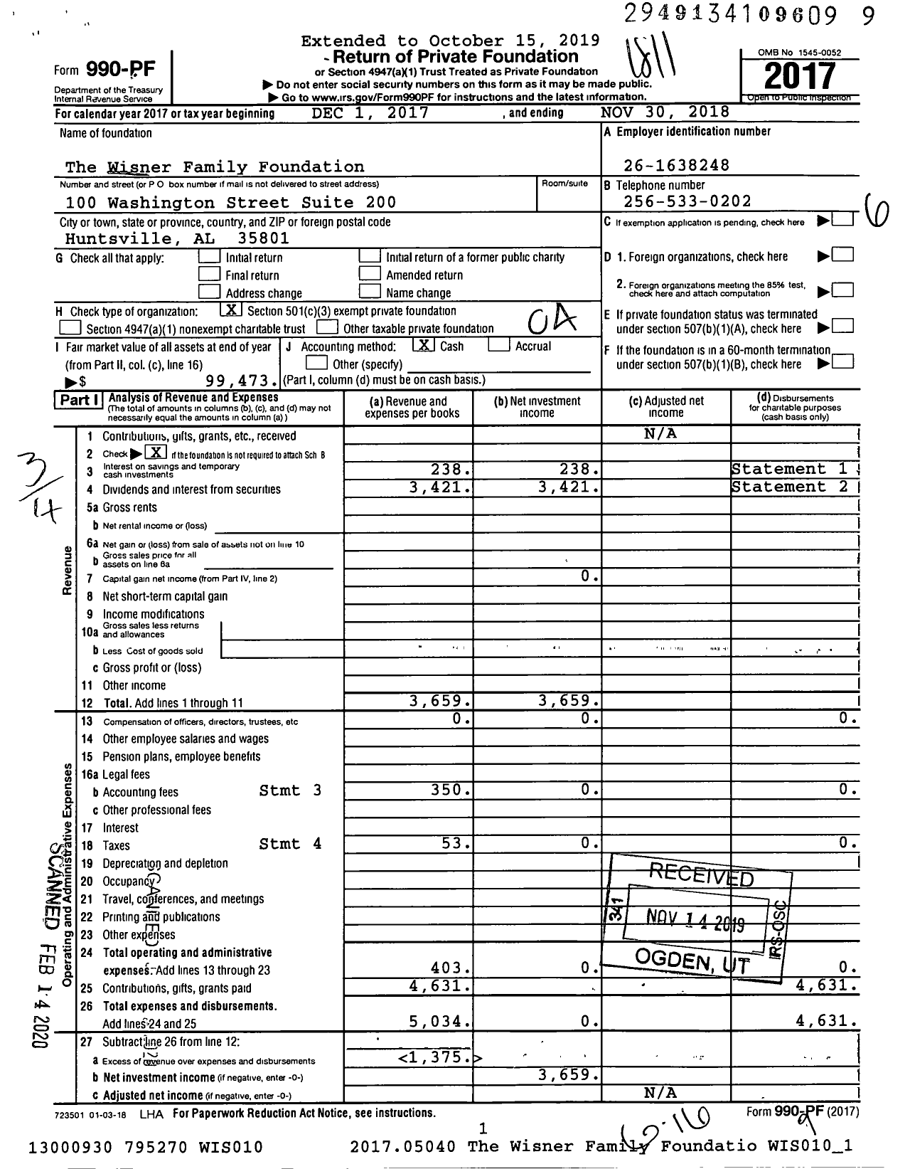 Image of first page of 2017 Form 990PF for The Wisner Family Foundation