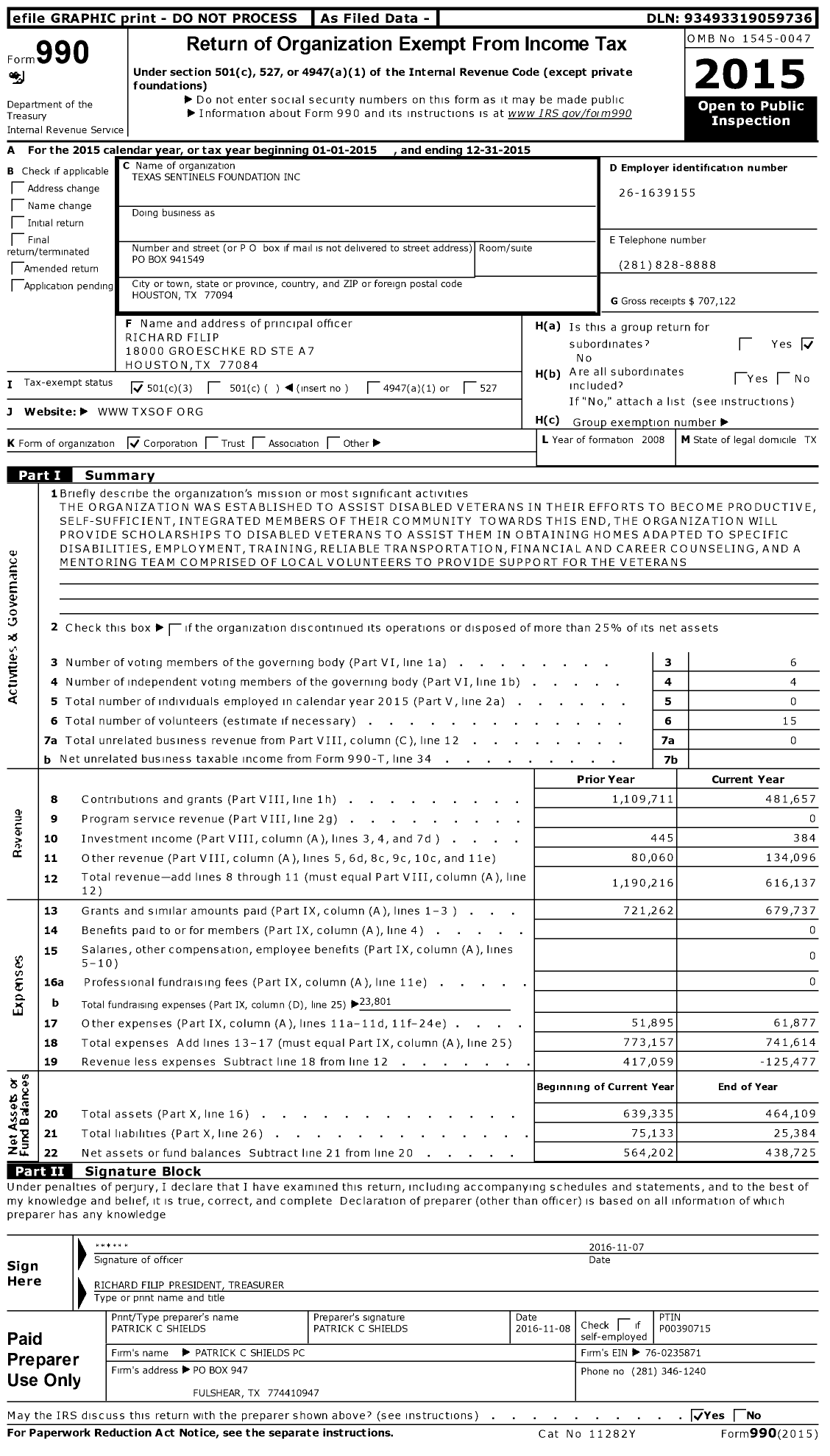 Image of first page of 2015 Form 990 for Texas Sentinels Foundation