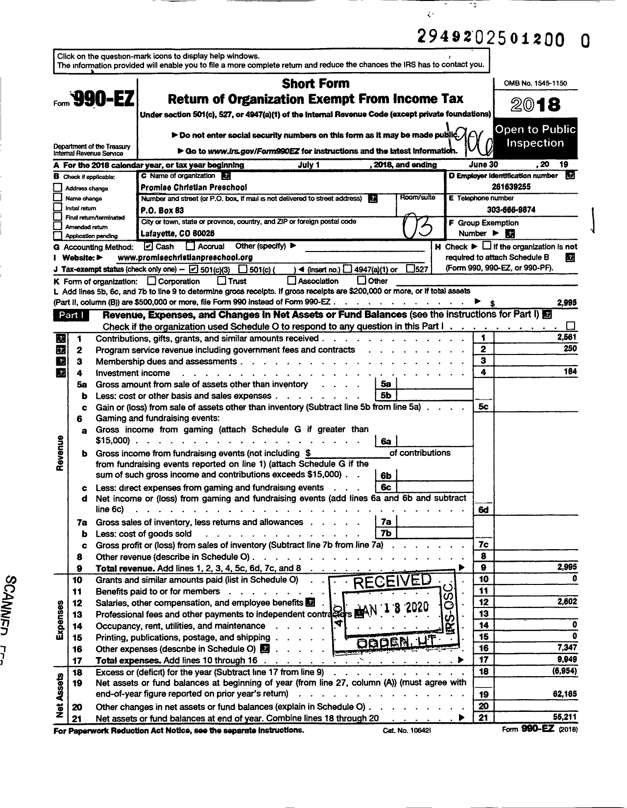 Image of first page of 2018 Form 990EZ for Promise Christian Preschool