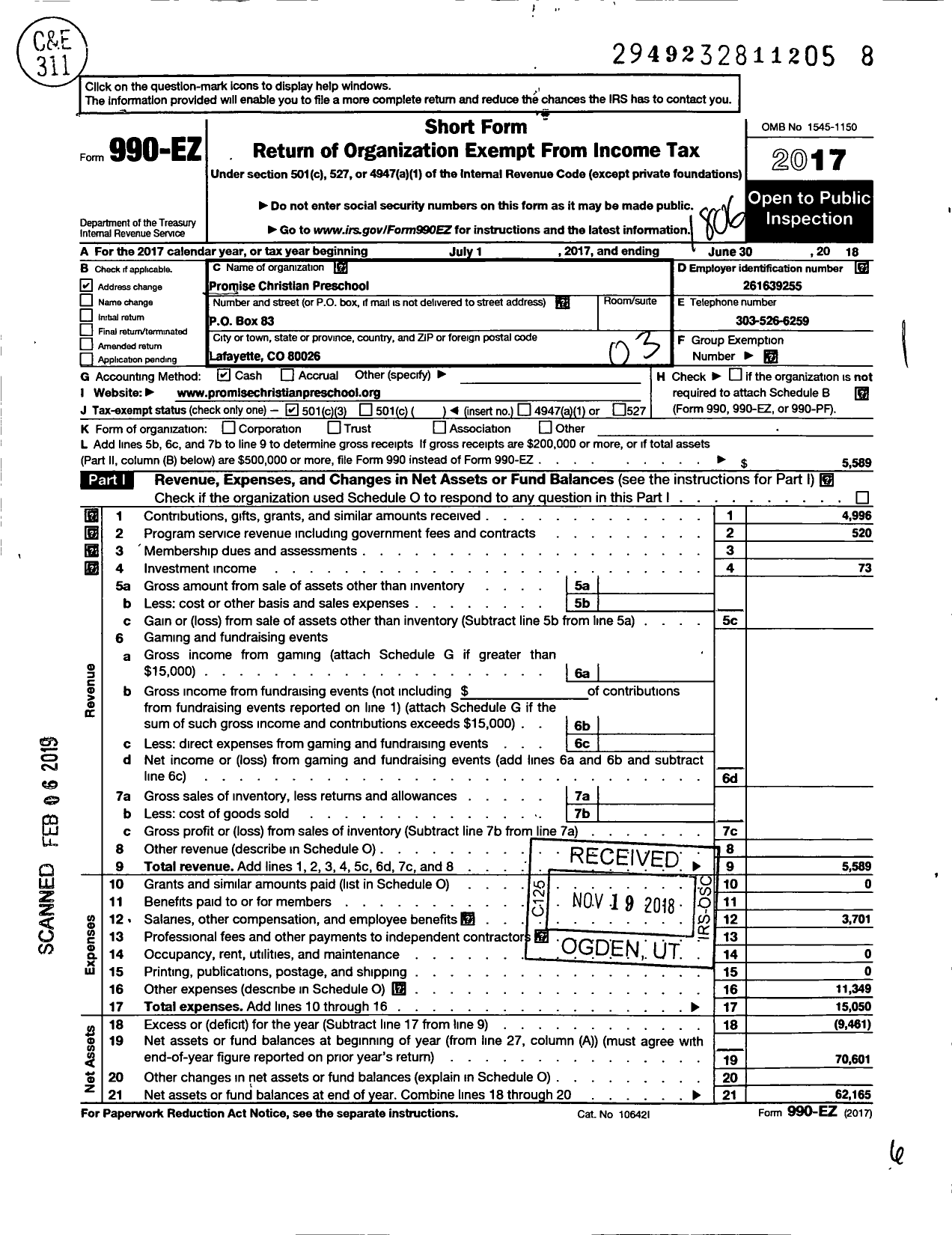 Image of first page of 2017 Form 990EZ for Promise Christian Preschool