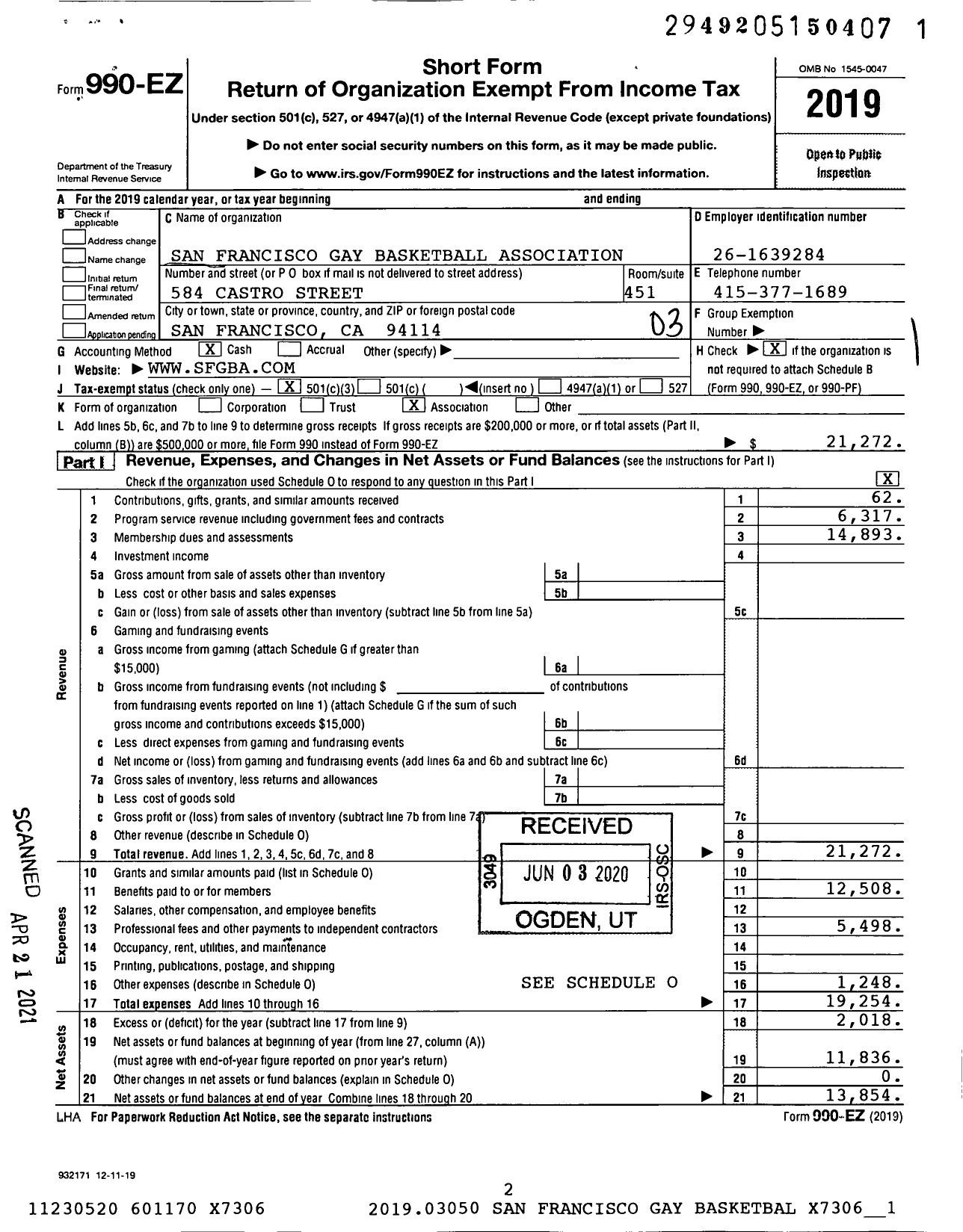 Image of first page of 2019 Form 990EZ for San Francisco Gay Basketball Association (SFGBA)