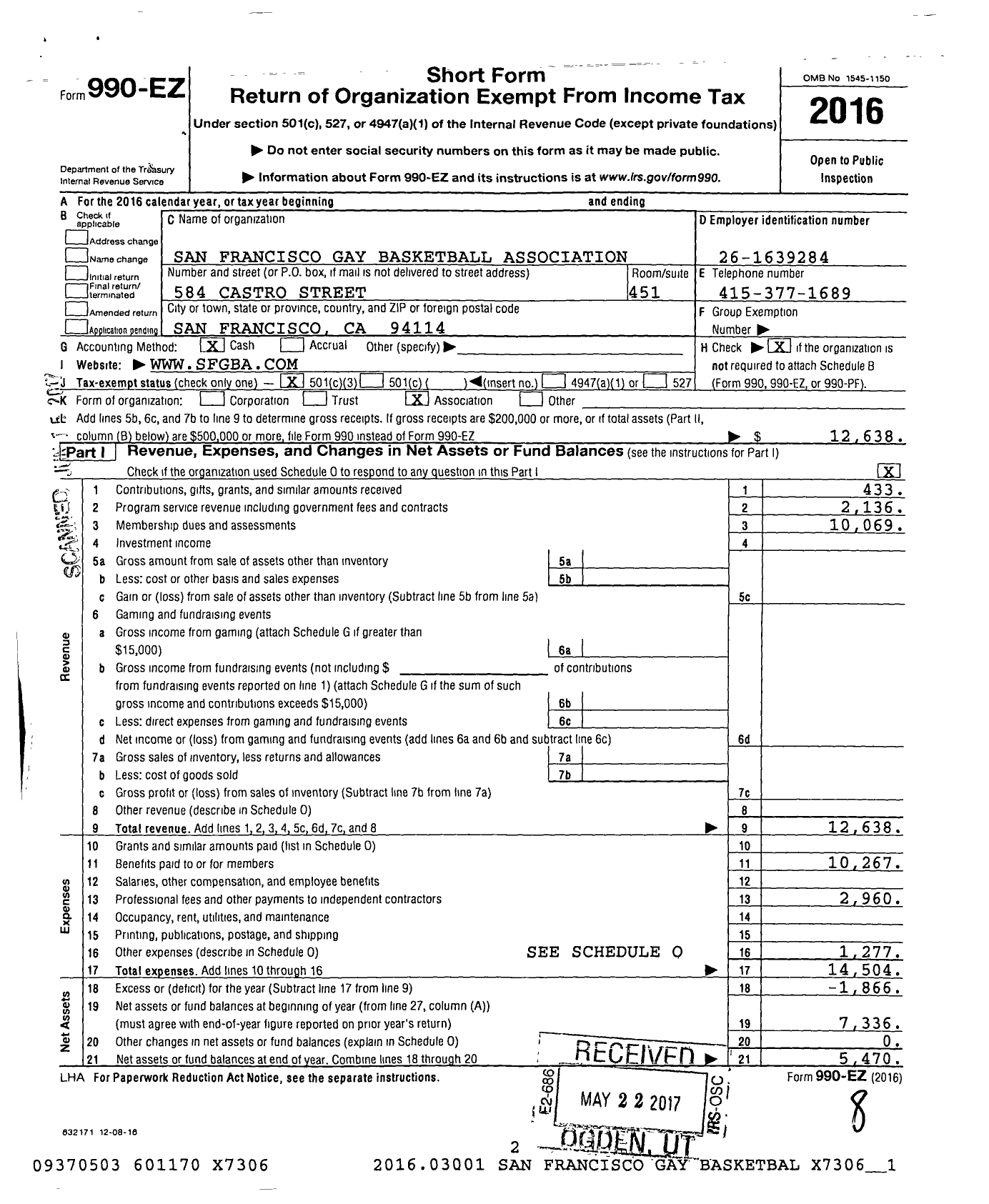 Image of first page of 2016 Form 990EZ for San Francisco Gay Basketball Association (SFGBA)