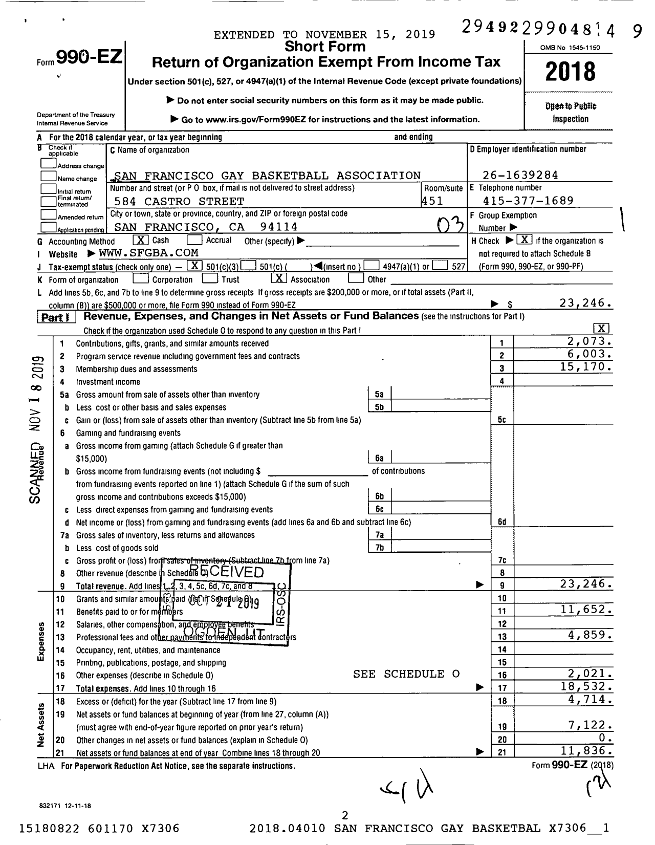 Image of first page of 2018 Form 990EZ for San Francisco Gay Basketball Association (SFGBA)