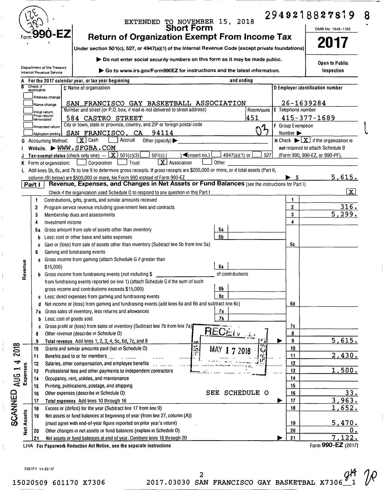 Image of first page of 2017 Form 990EZ for San Francisco Gay Basketball Association (SFGBA)