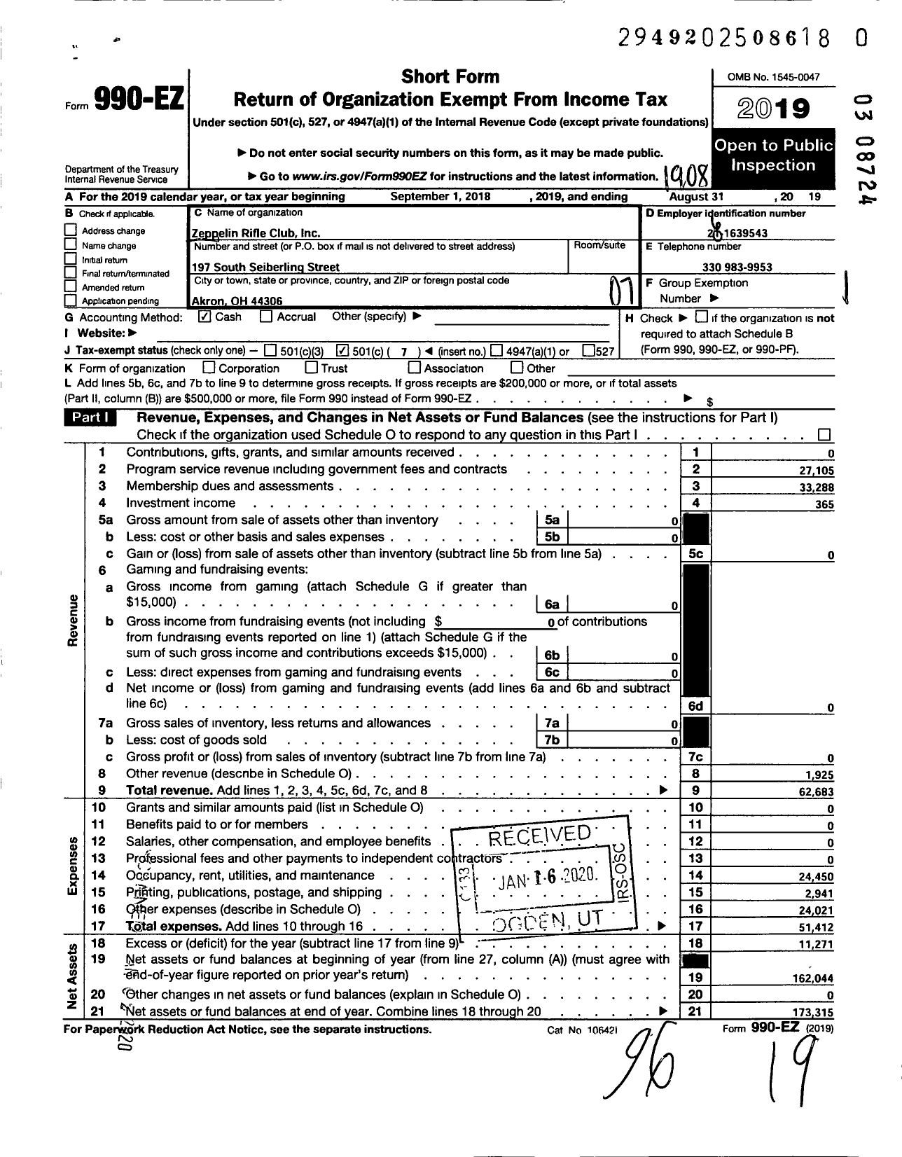 Image of first page of 2018 Form 990EO for Zeppelin Rifle Club