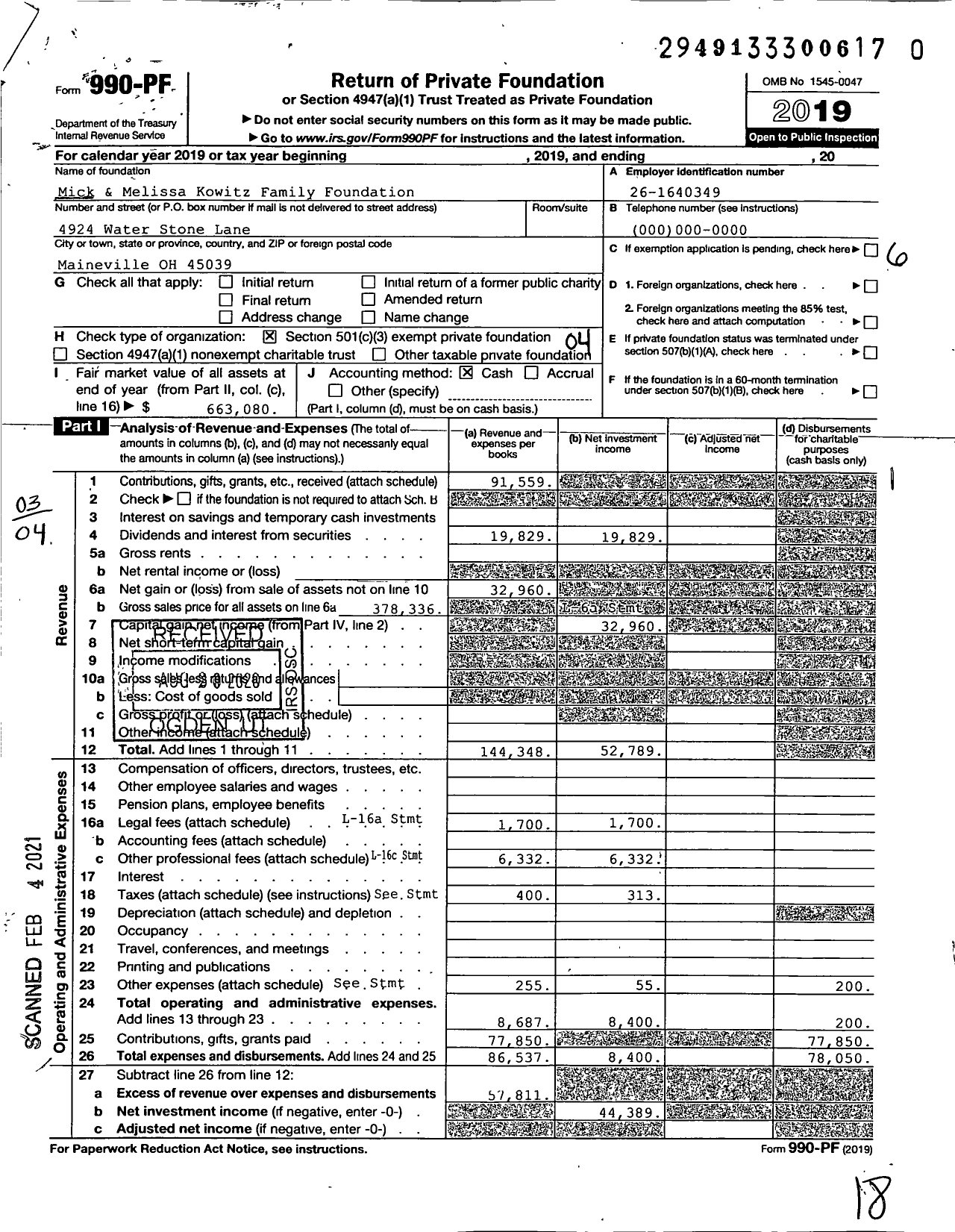 Image of first page of 2019 Form 990PF for Mick & Melissa Kowitz Family Foundation