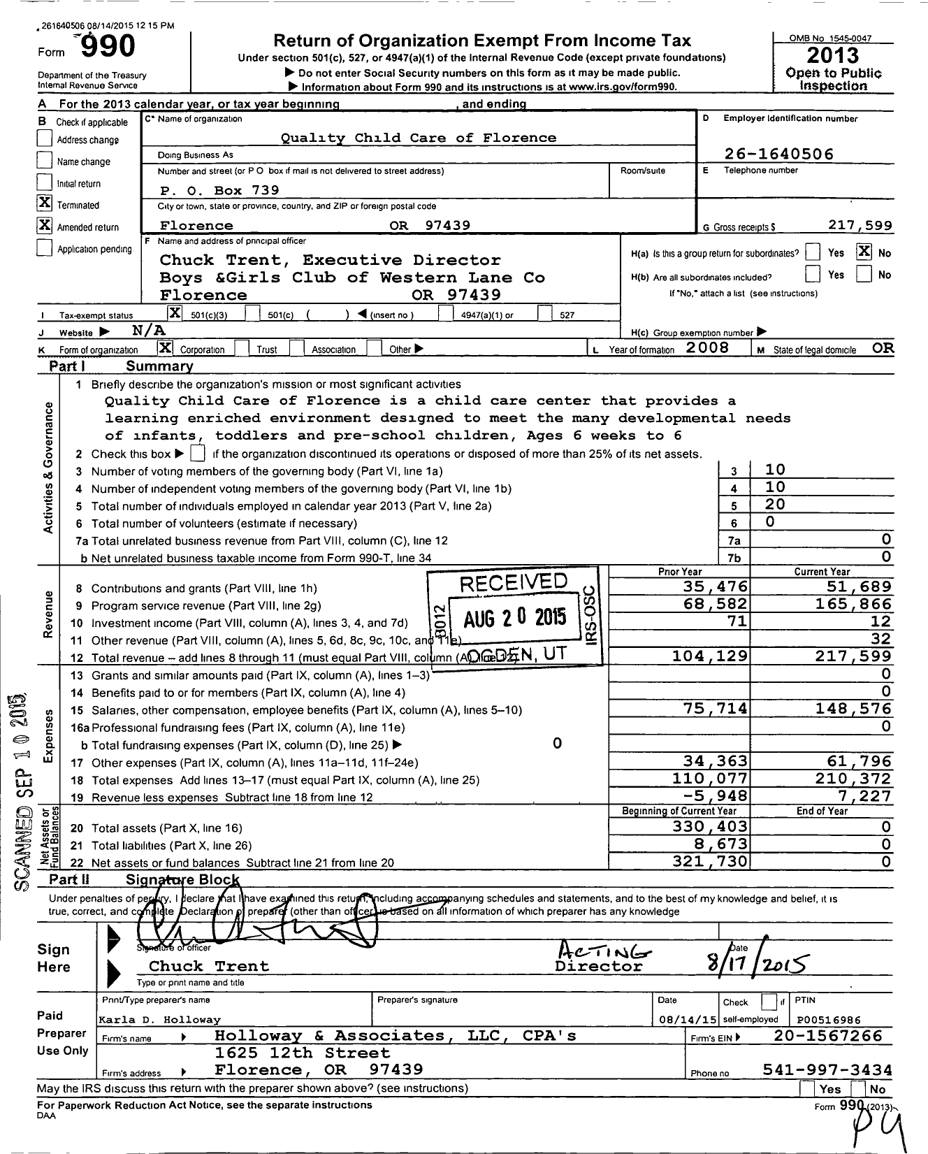 Image of first page of 2013 Form 990 for Quality Child Care of Florence