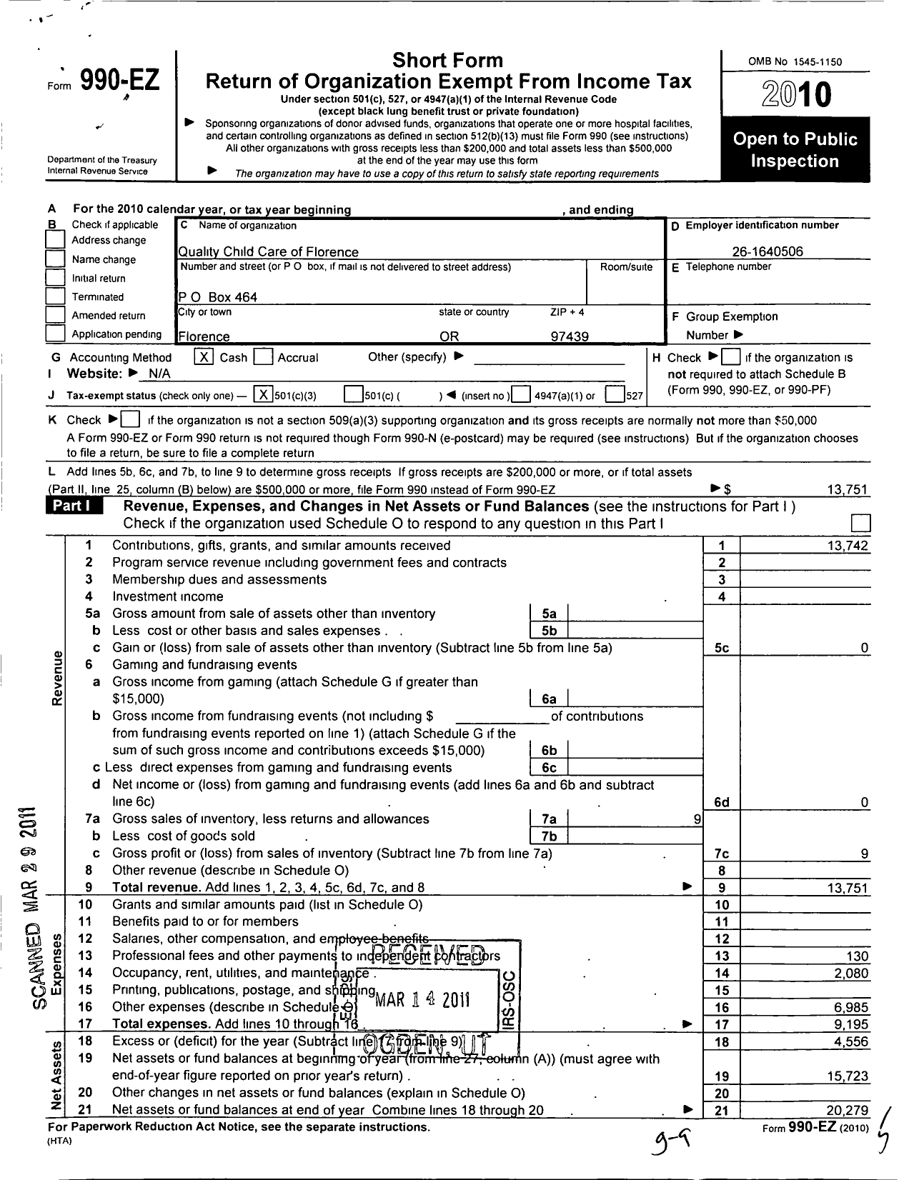 Image of first page of 2010 Form 990EZ for Quality Child Care of Florence