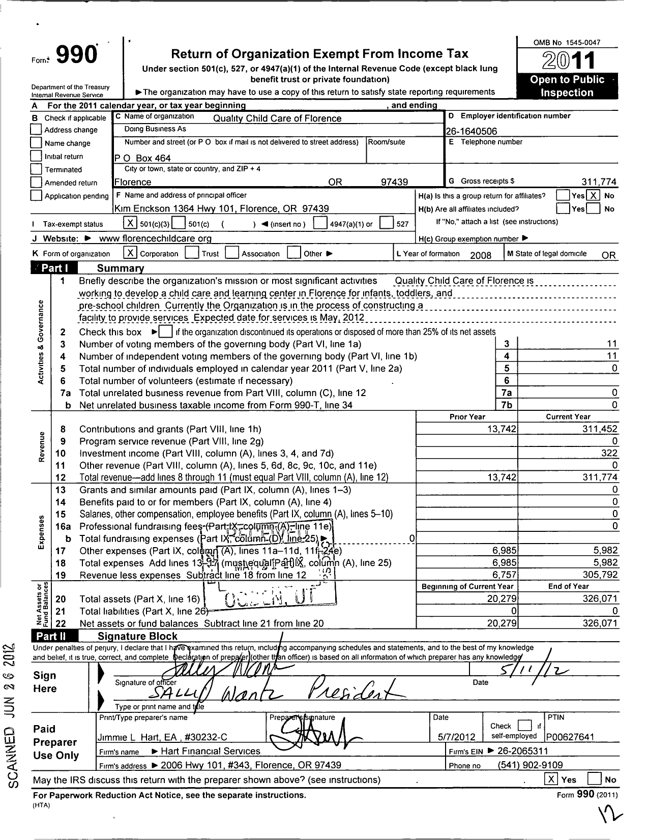 Image of first page of 2011 Form 990 for Quality Child Care of Florence