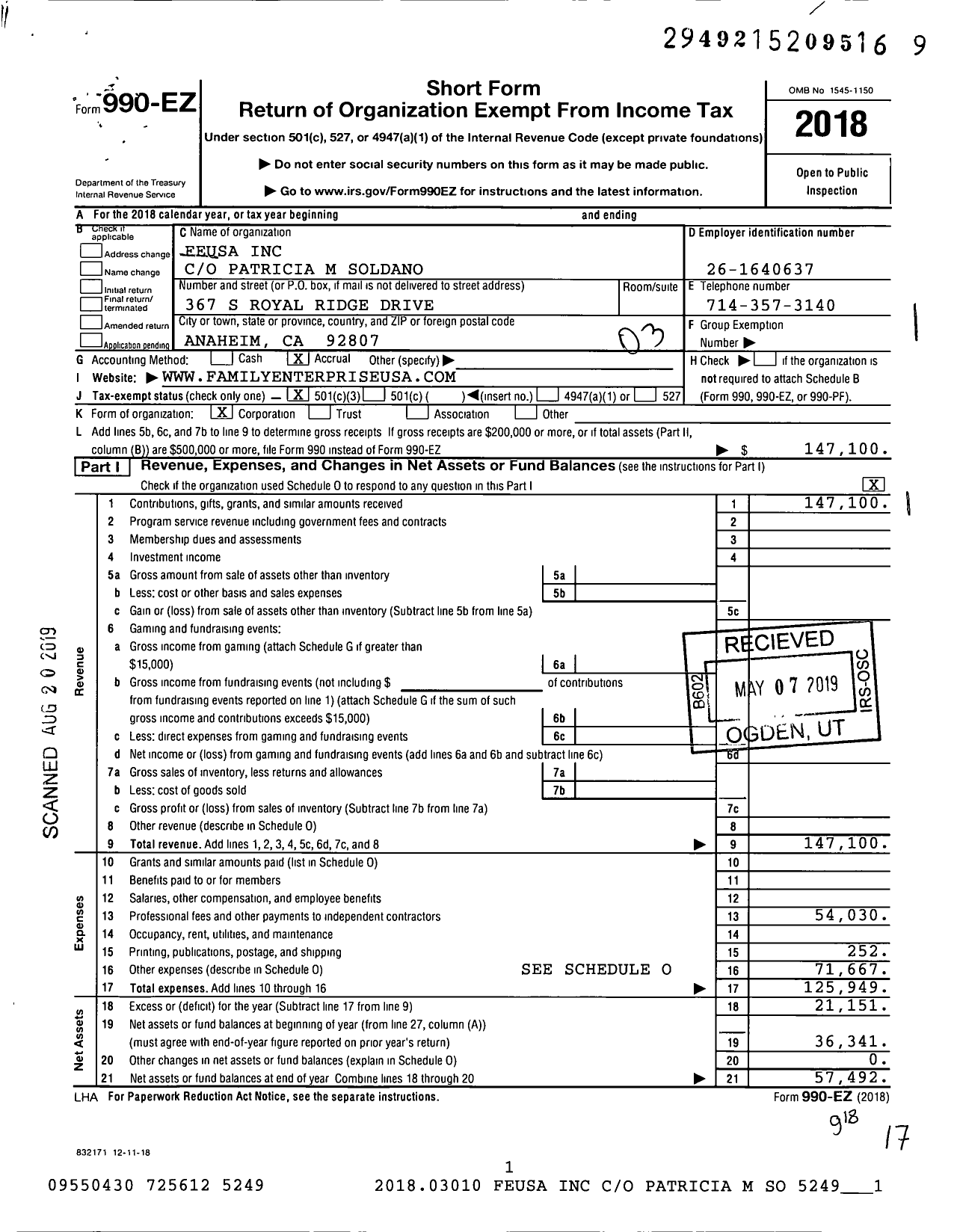 Image of first page of 2018 Form 990EZ for Feusa