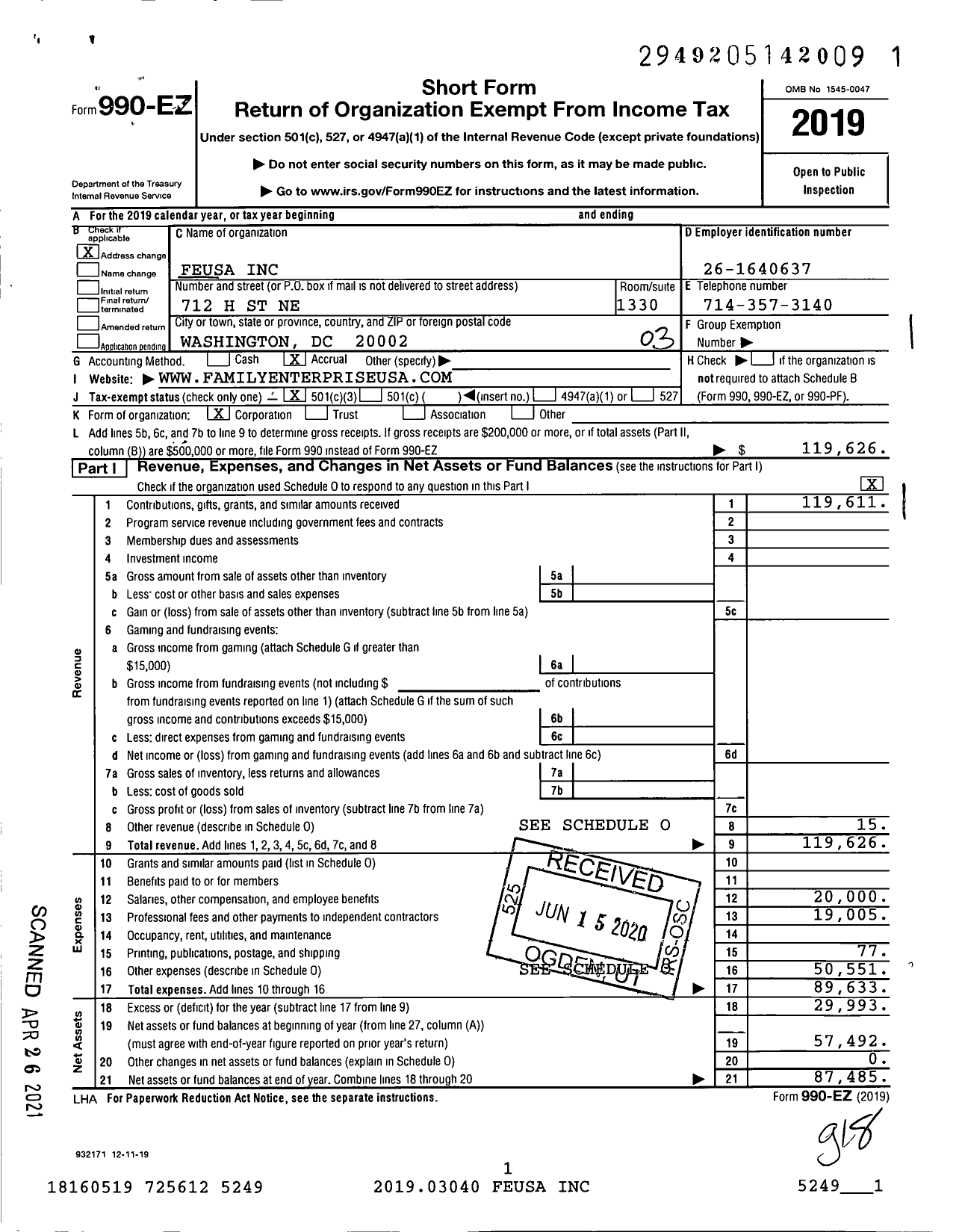 Image of first page of 2019 Form 990EZ for Feusa
