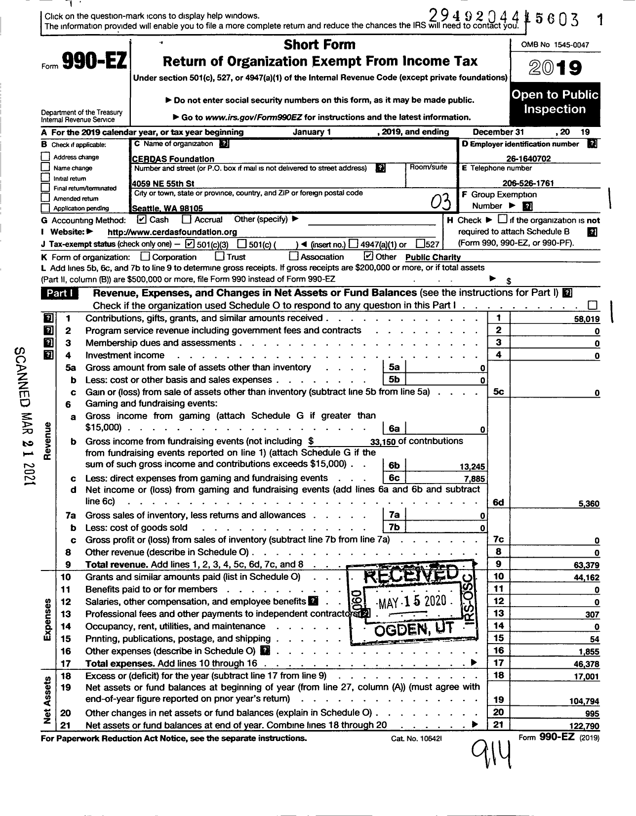 Image of first page of 2019 Form 990EZ for Cerdas Foundation