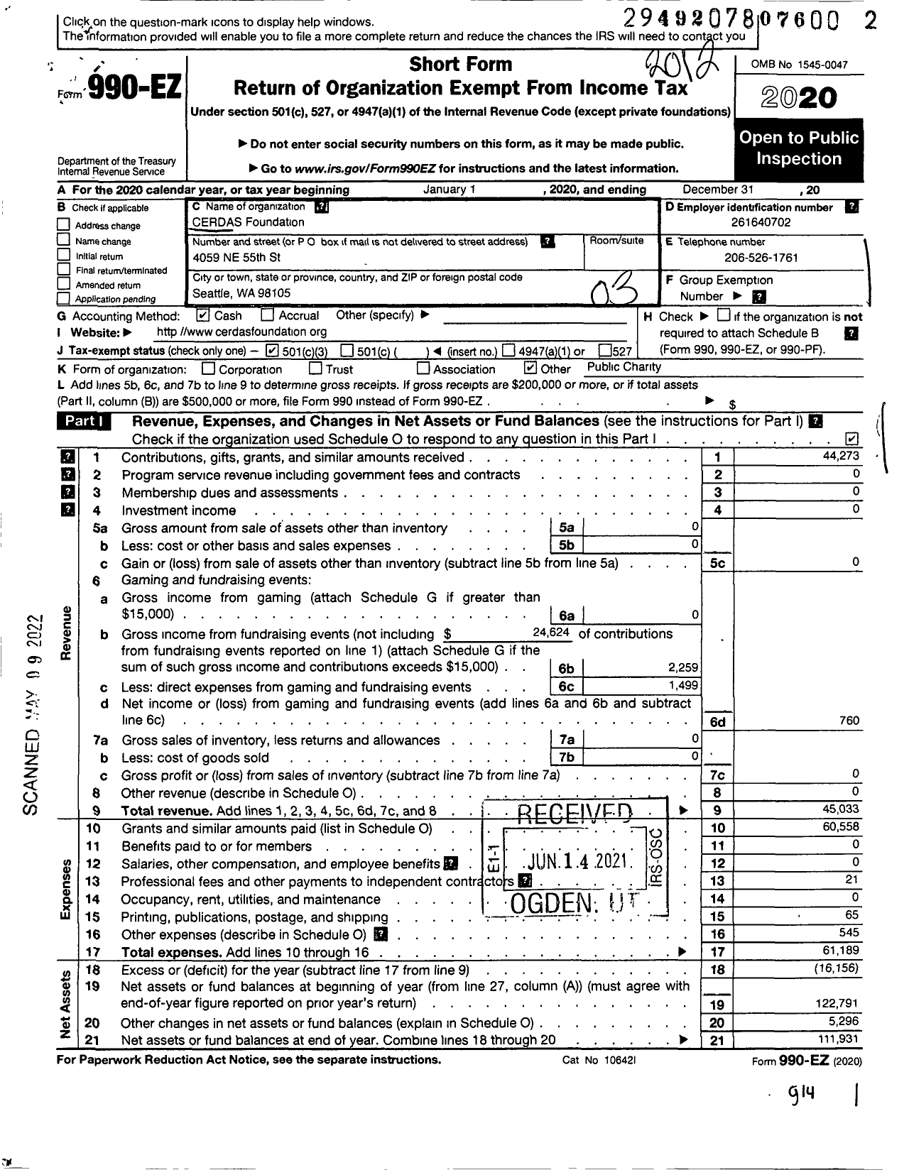 Image of first page of 2020 Form 990EZ for Cerdas Foundation