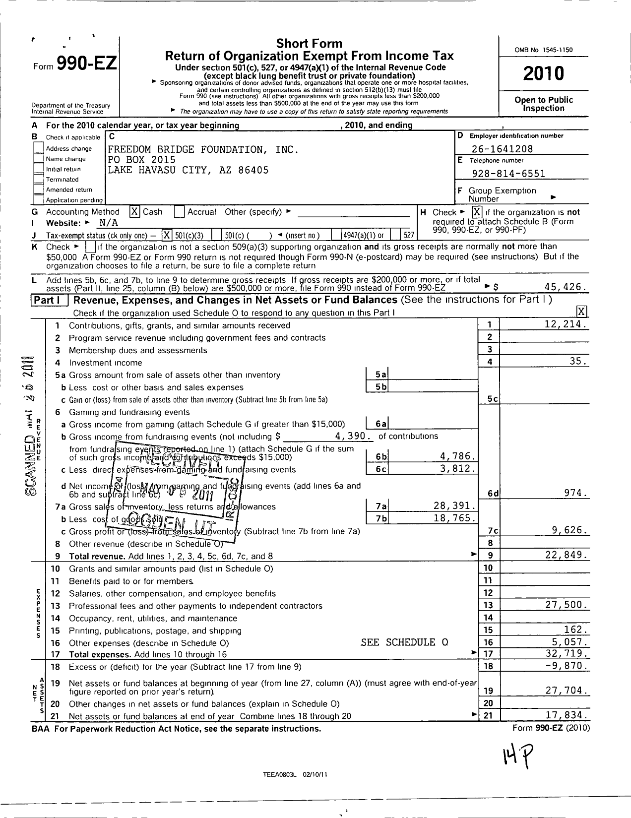 Image of first page of 2010 Form 990EZ for Havasu Freedom Foundation