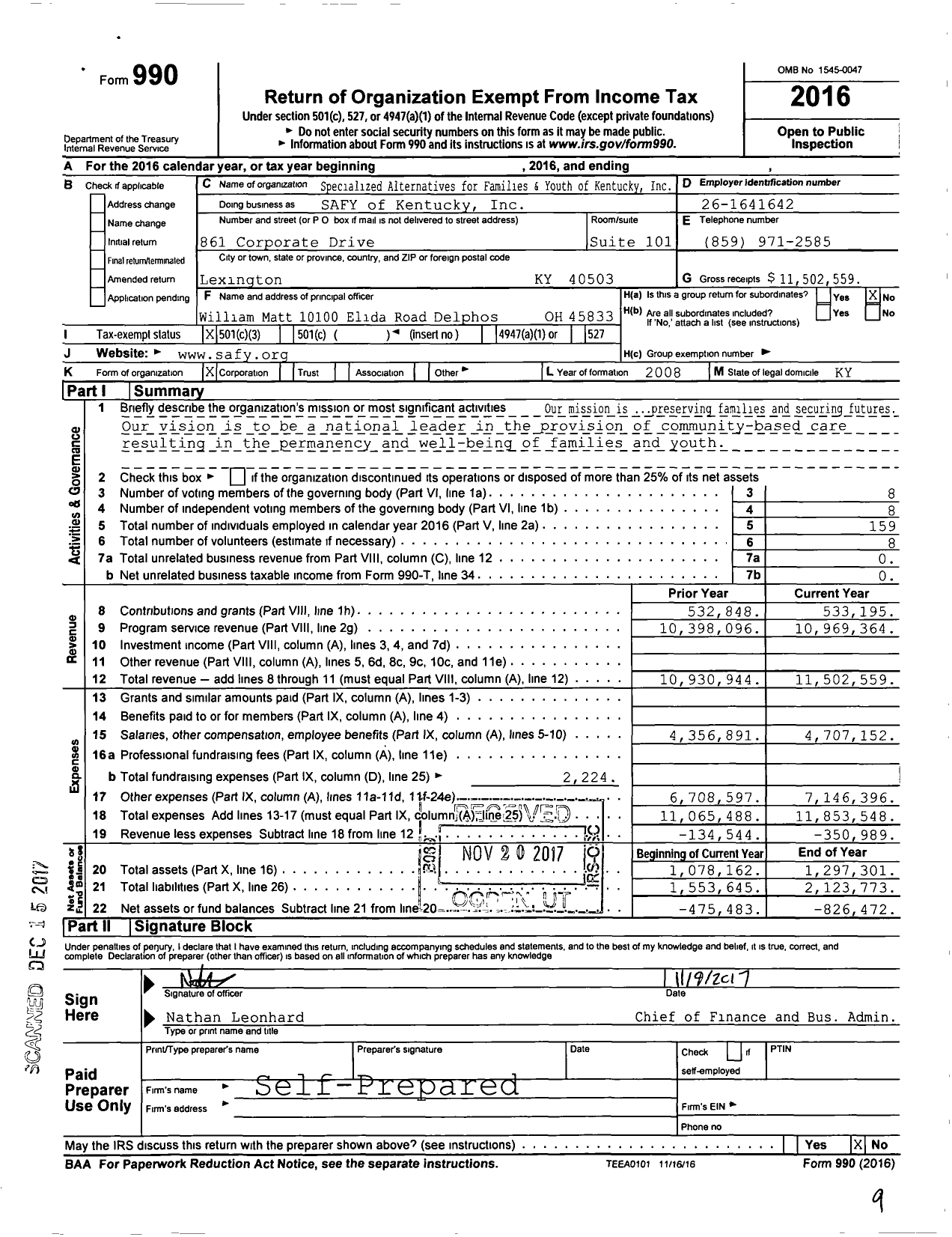 Image of first page of 2016 Form 990 for Safy of Kentucky