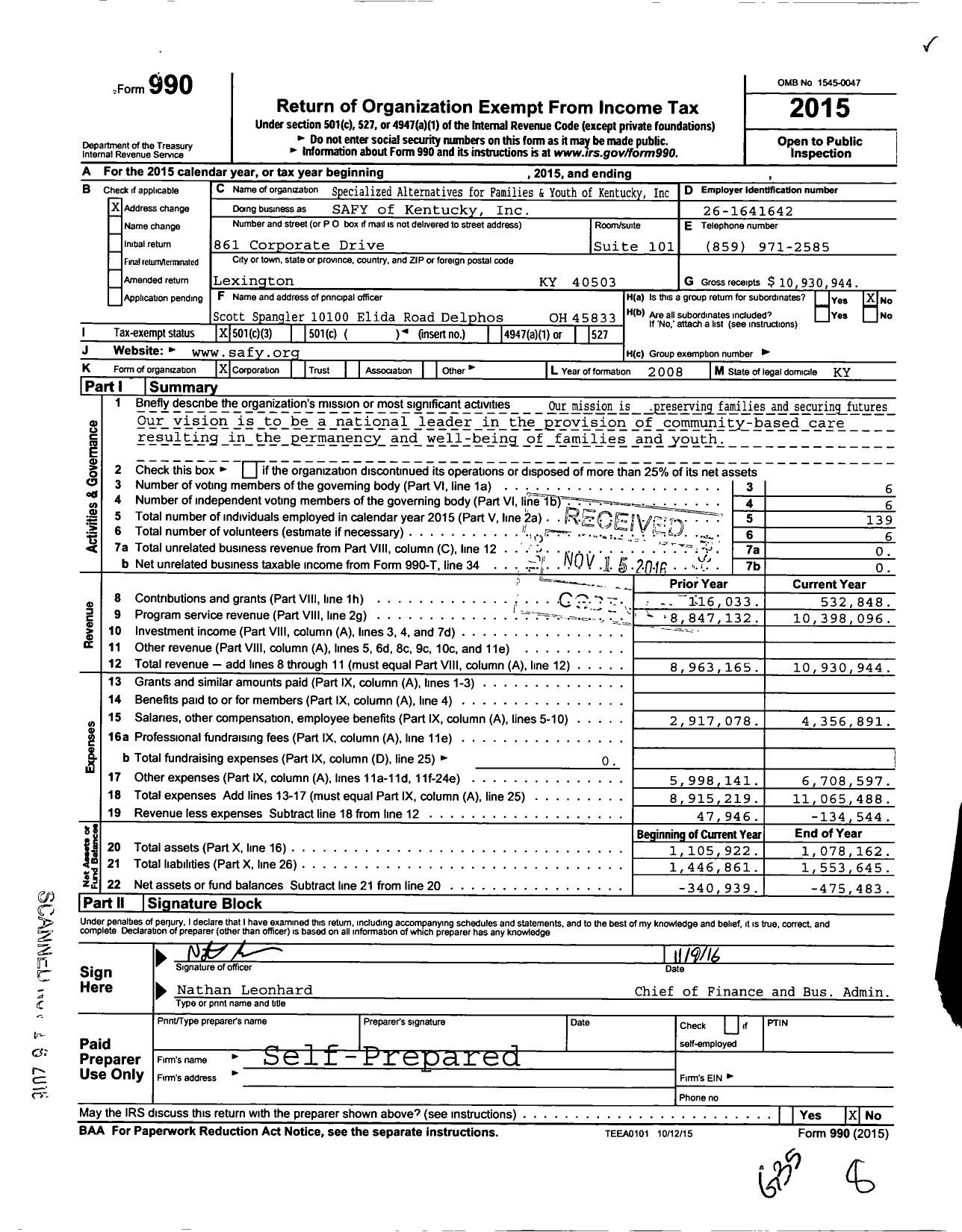 Image of first page of 2015 Form 990 for Safy of Kentucky