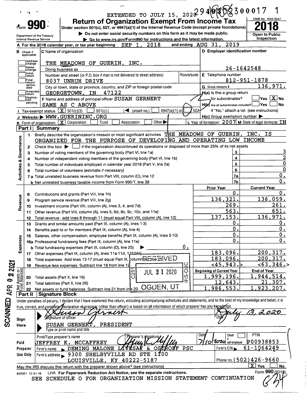 Image of first page of 2018 Form 990 for The Meadows of Guerin